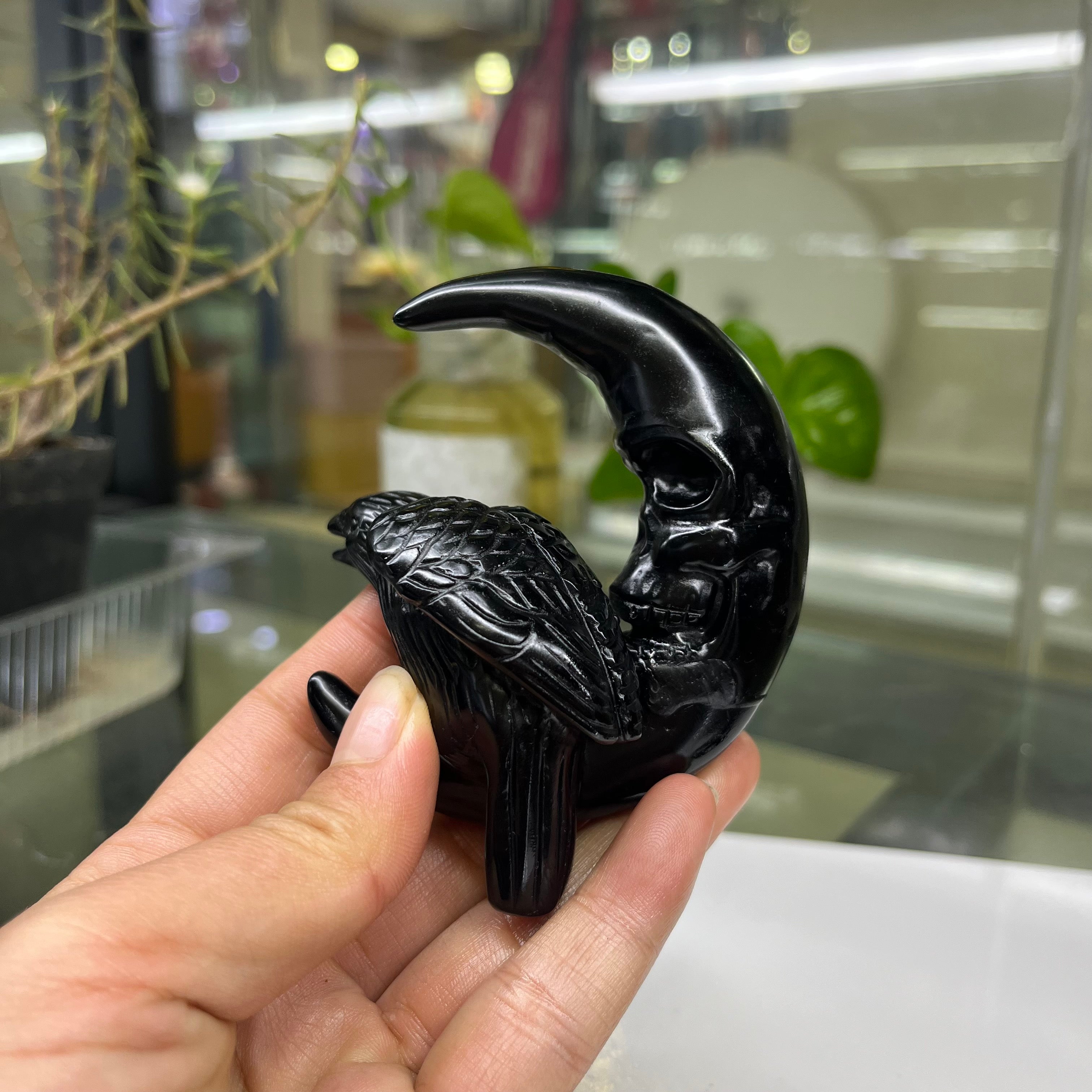 Black Obsidian Raven on Moon Carving