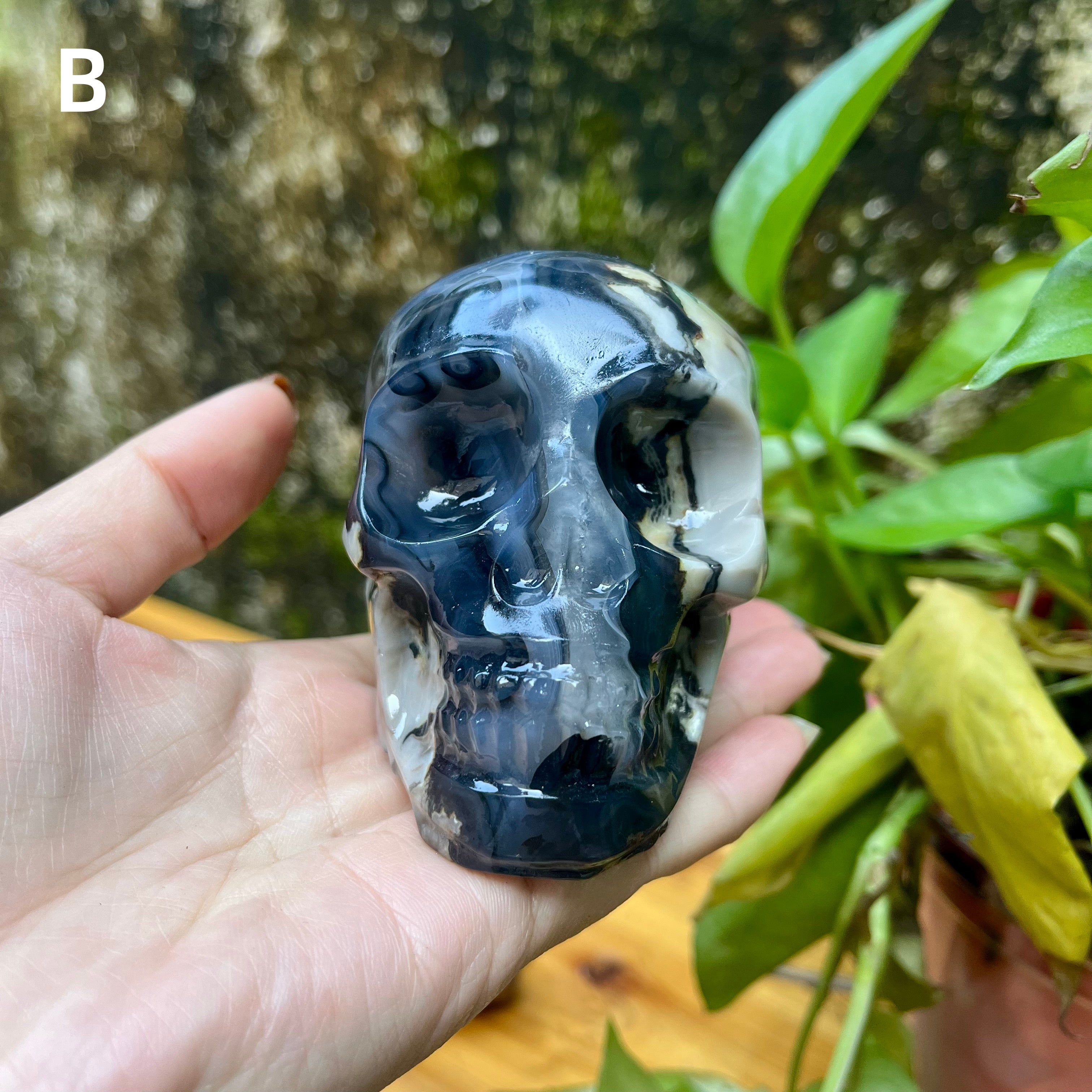 UV Reactive Volcanic Agate Skull Carving