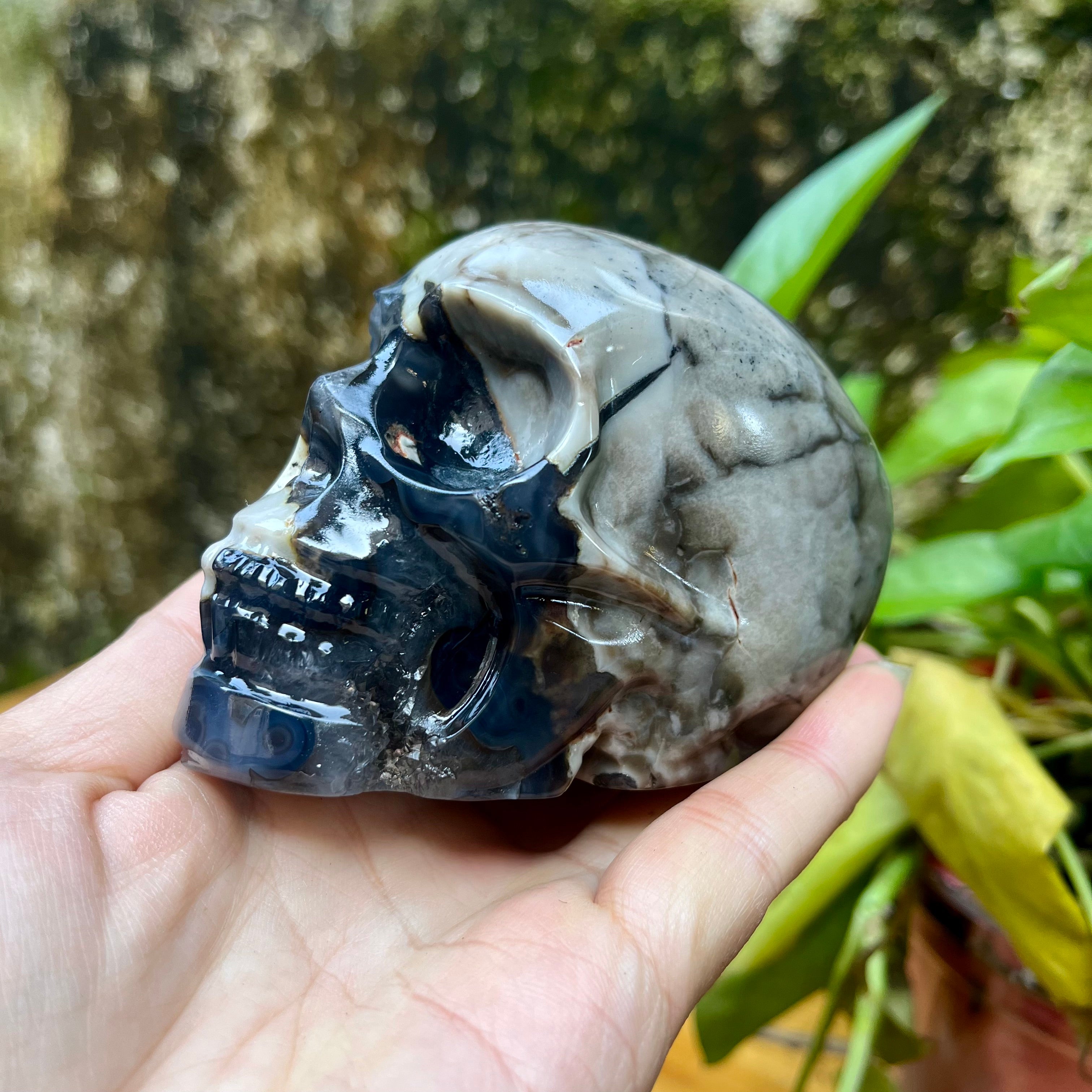 UV Reactive Volcanic Agate Skull Carving