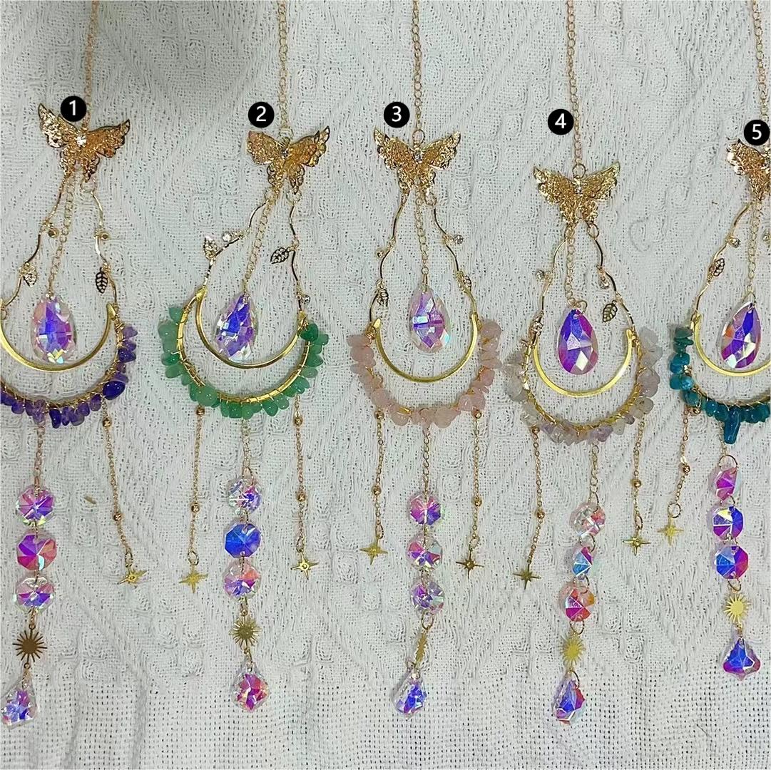 Natural Raw Stone Crystal Moon Butterfly Suncatcher