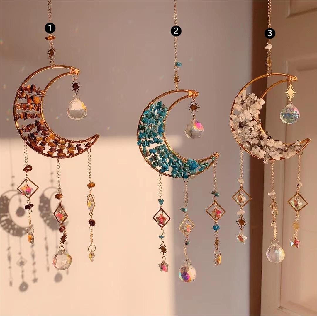 Natural Raw Stone Crystal Moon Suncatcher