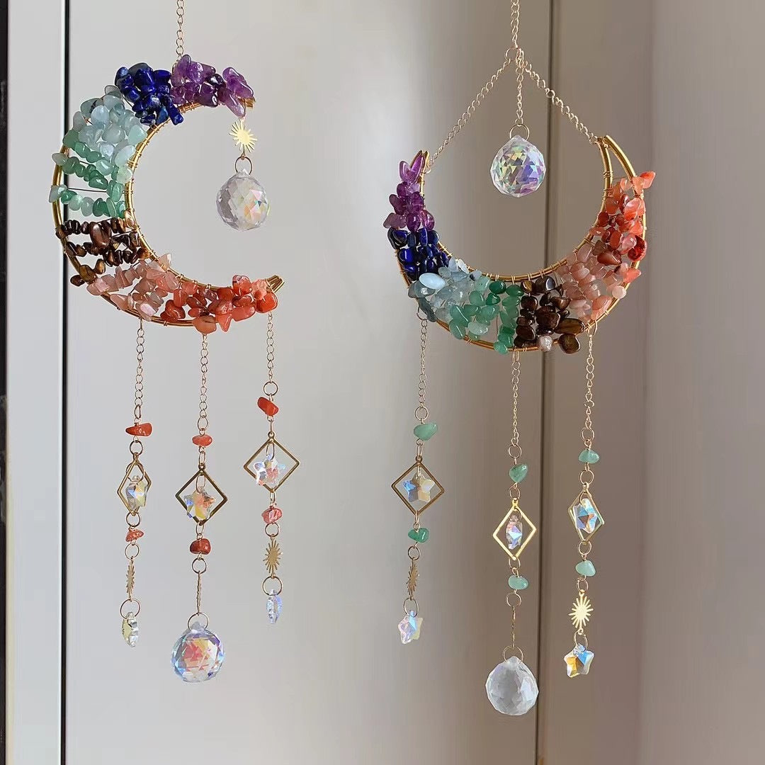 Natural Raw Stone Crystal Chakra Moon Suncatcher
