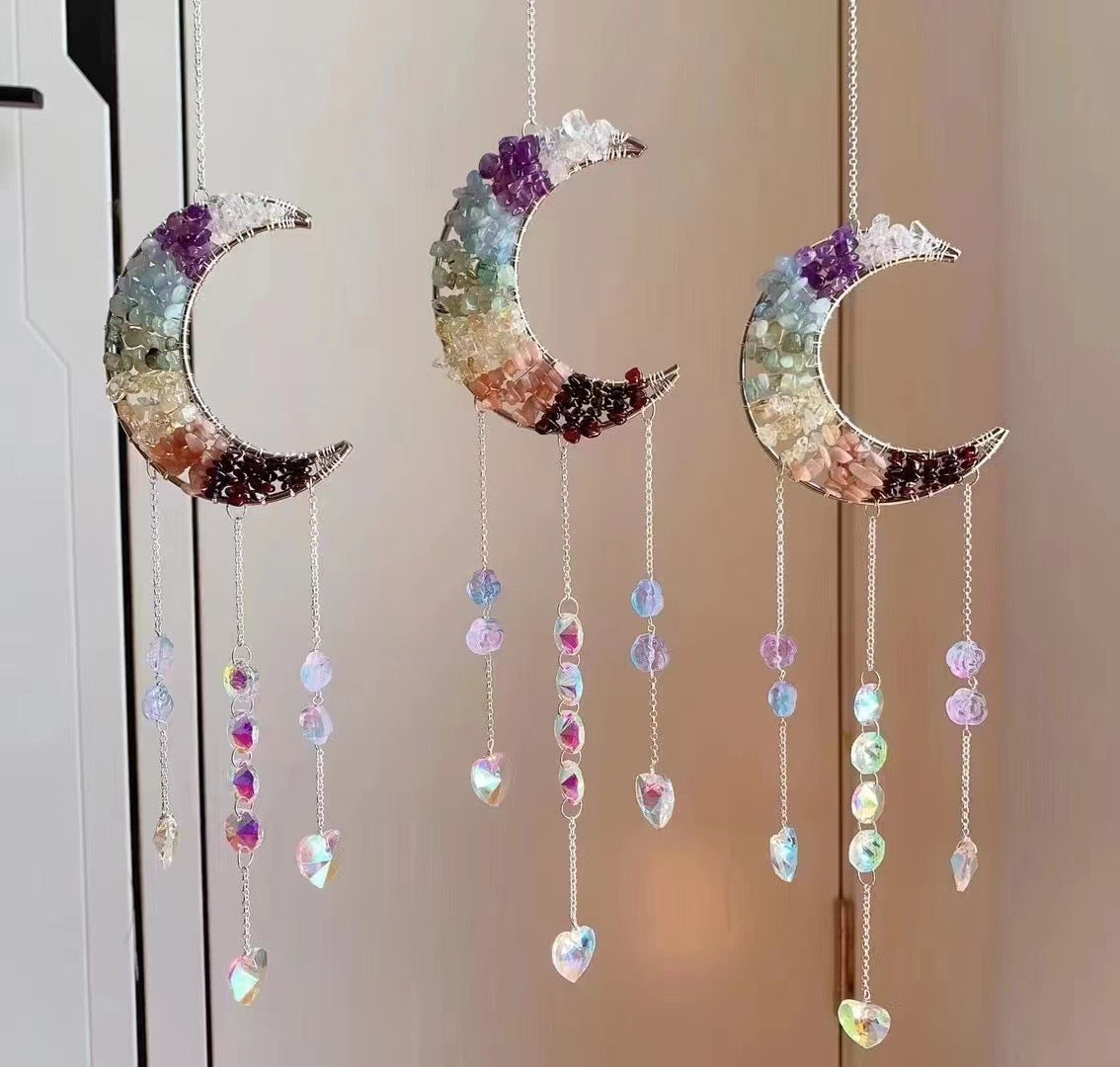 Natural Raw Stone Crystal Chakra Moon Suncatcher
