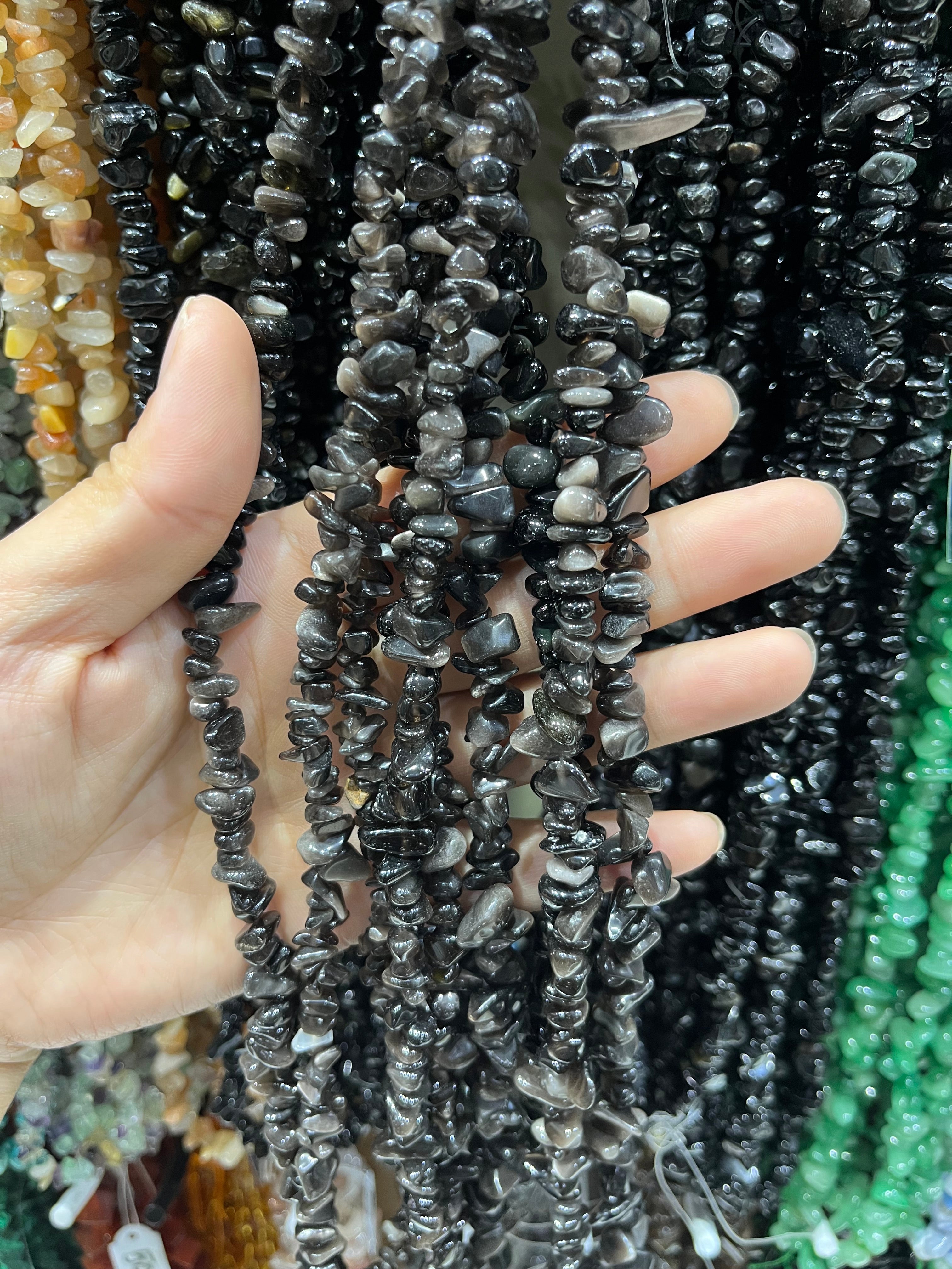 silver sheen obsidian chips beads strand