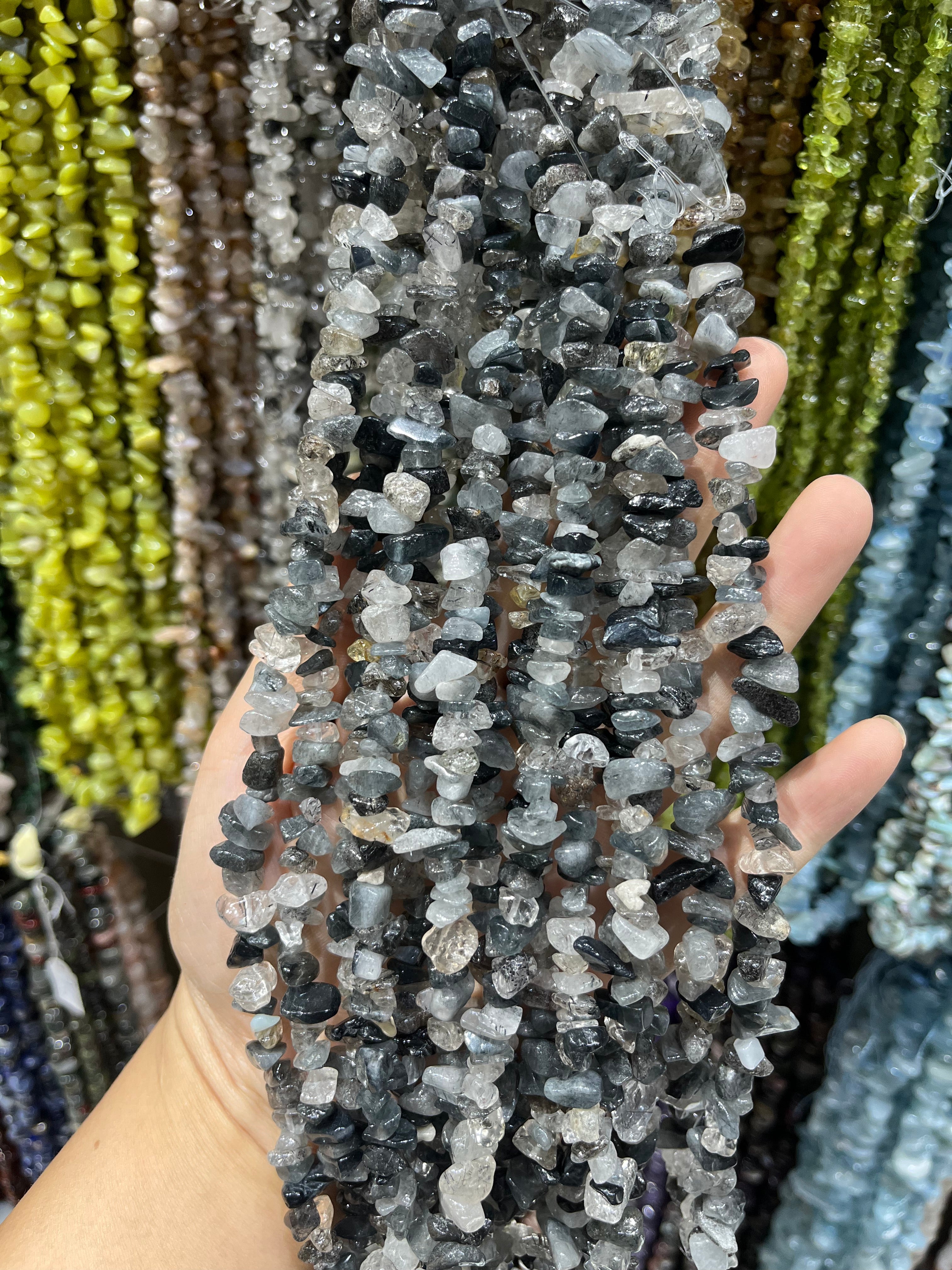 black rutile quartz chips beads strand