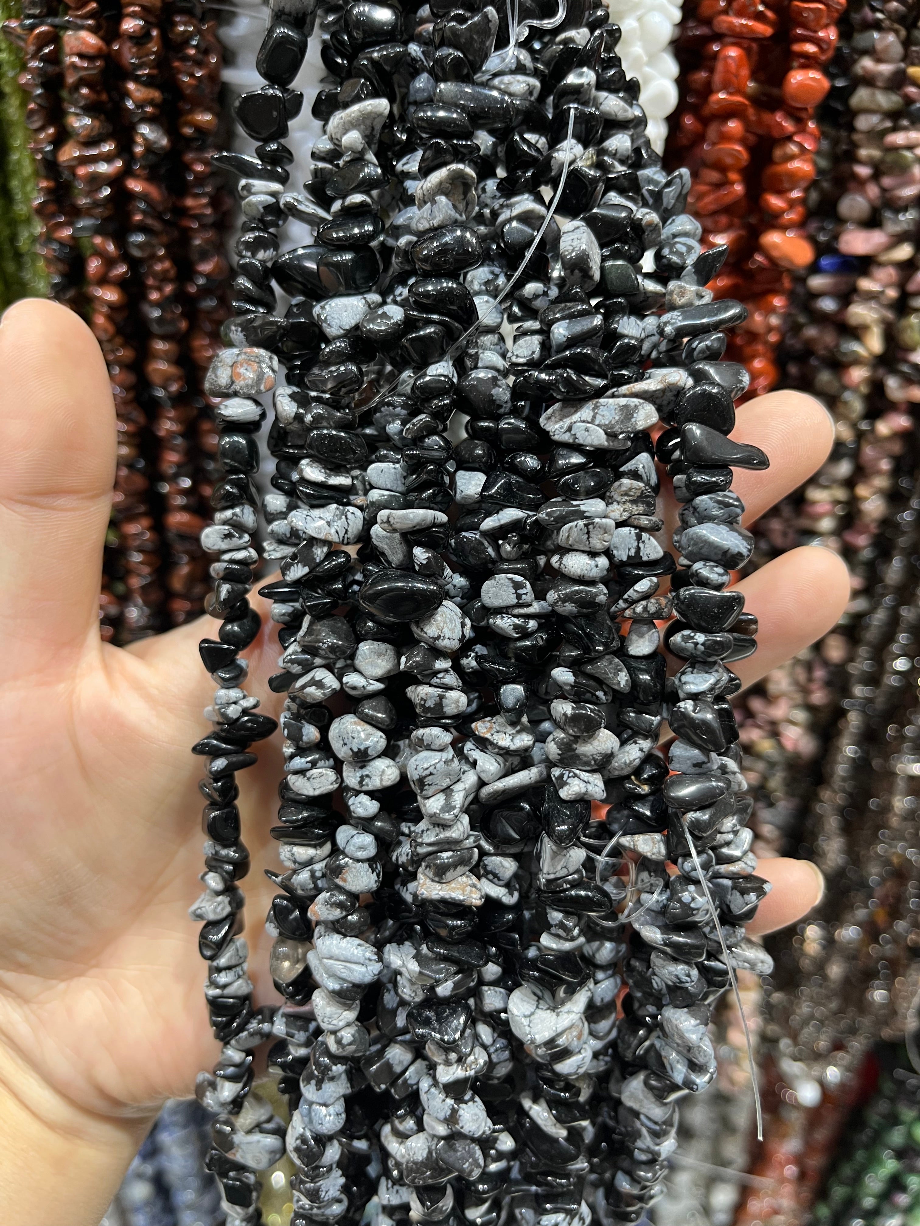 snowflakes obsidian chips beads strand