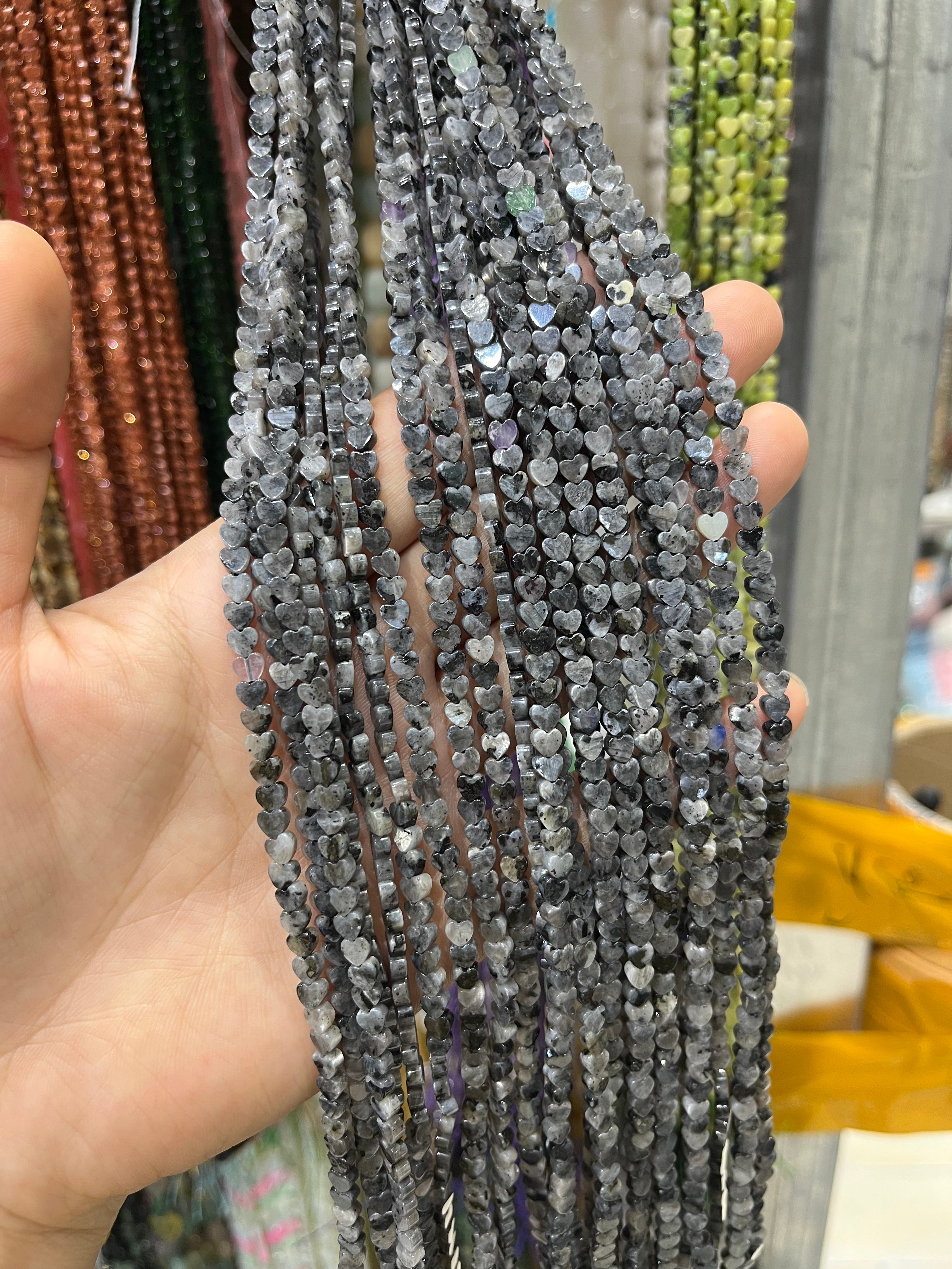 larvikite flat heart beads strand