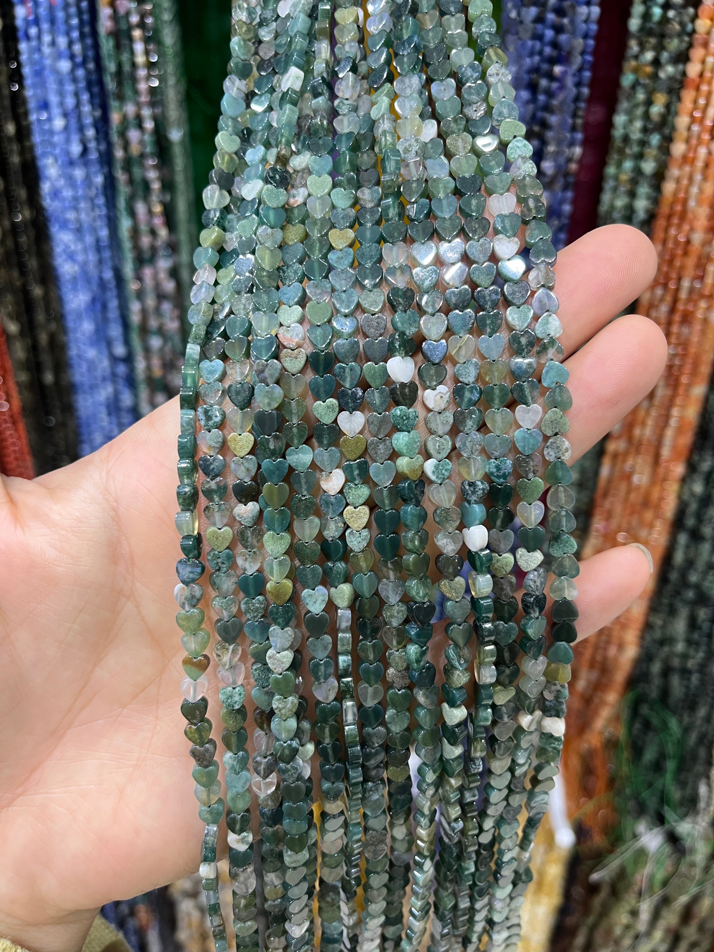 moss agate flat heart beads strand