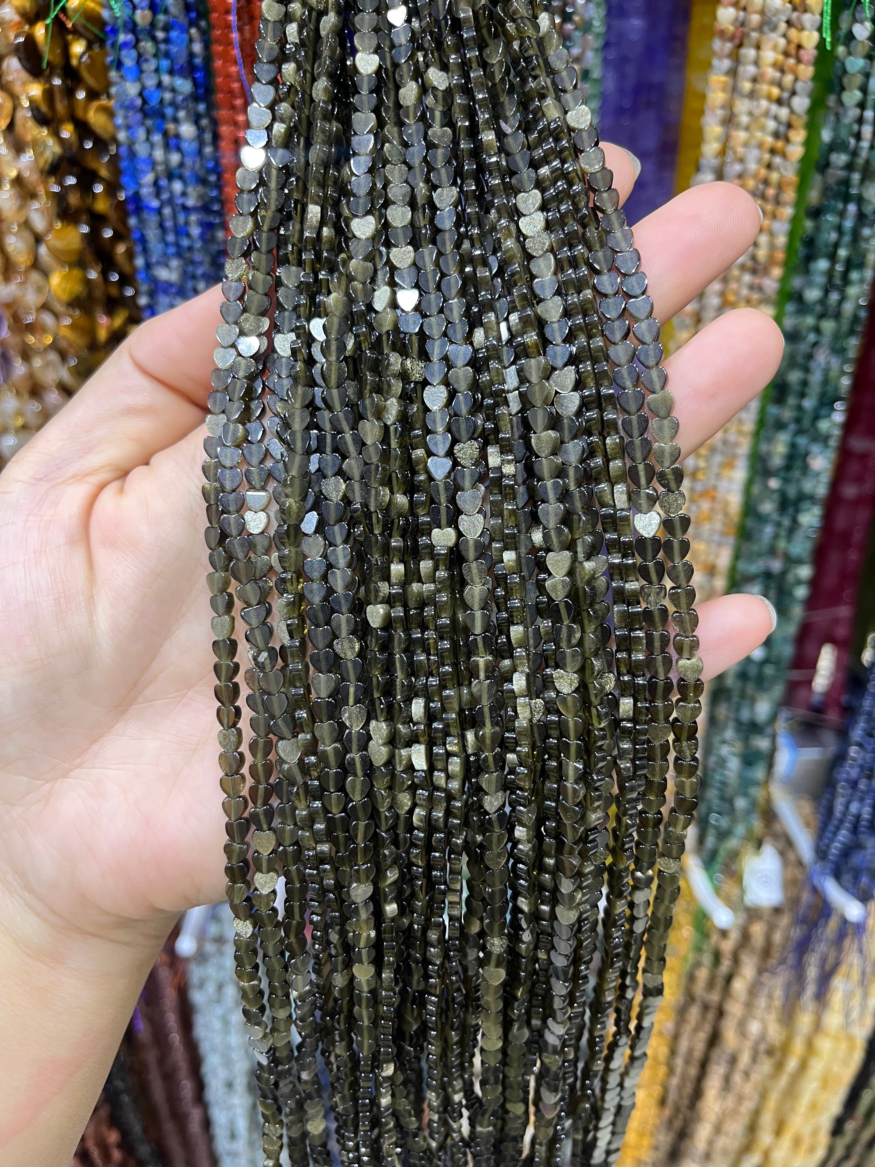 golden sheen obsidian flat heart beads strand