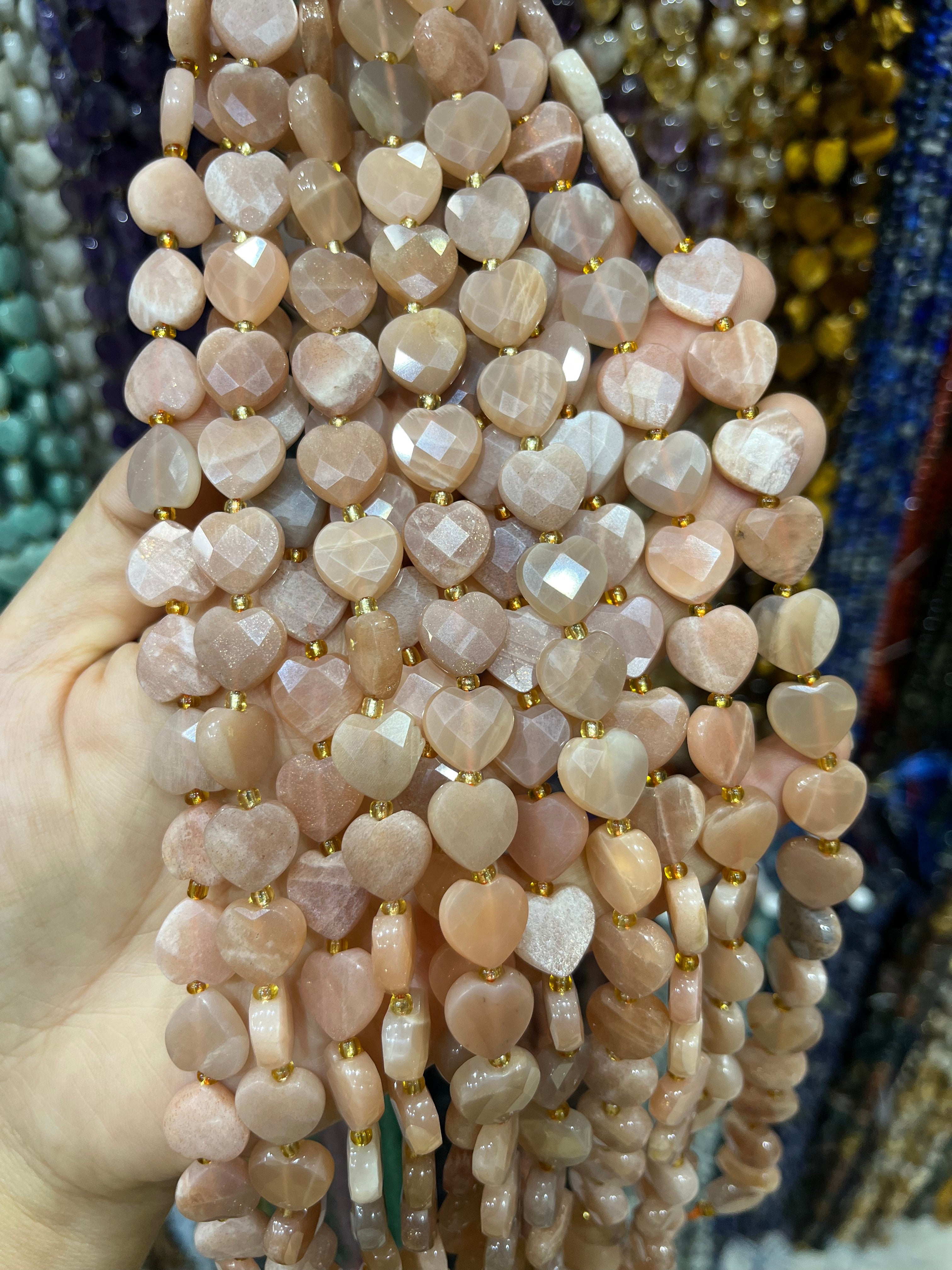 peach moonstone faceted heart beads strand