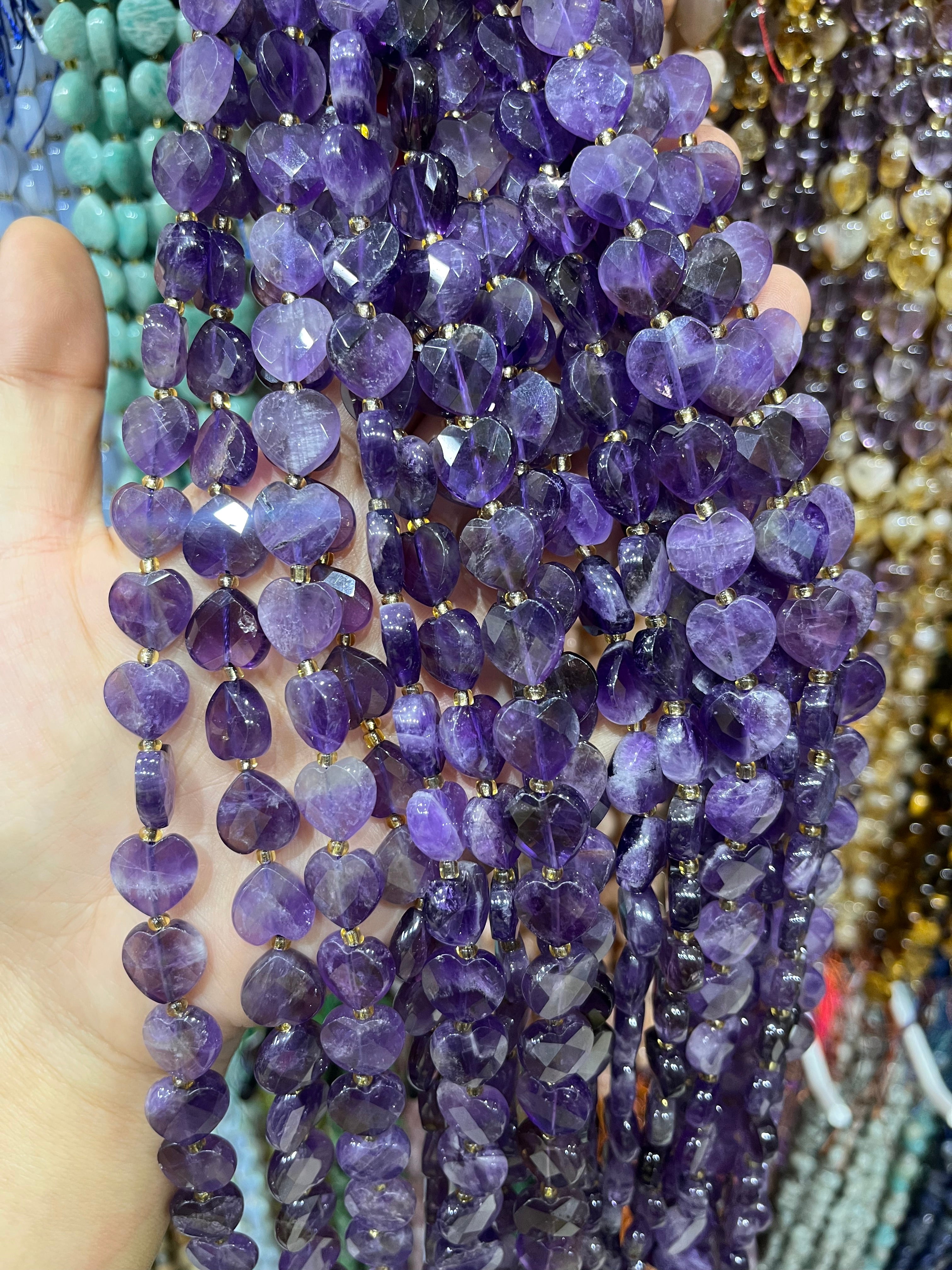 amethyst faceted heart beads strand
