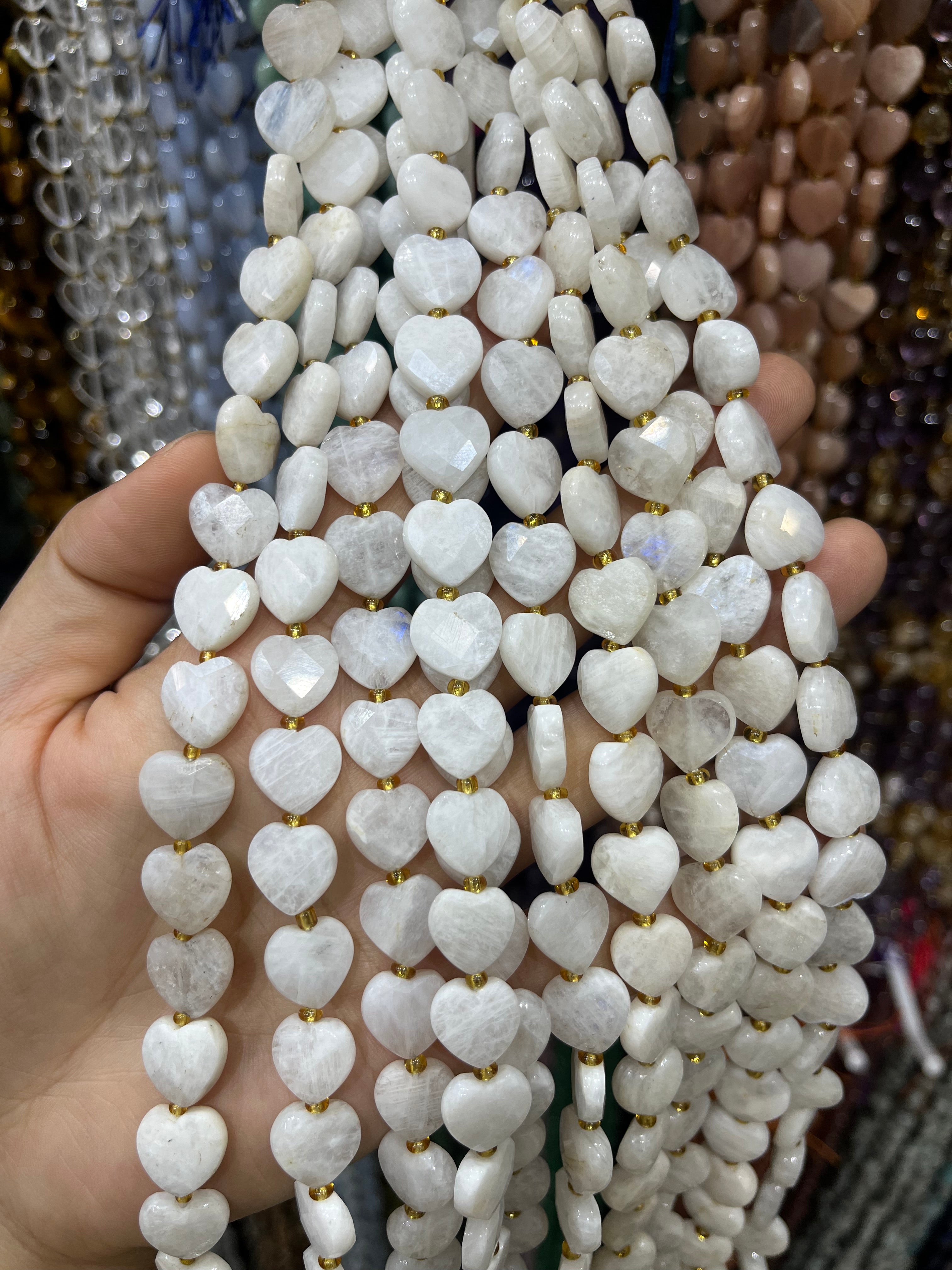 moonstone faceted heart beads strand