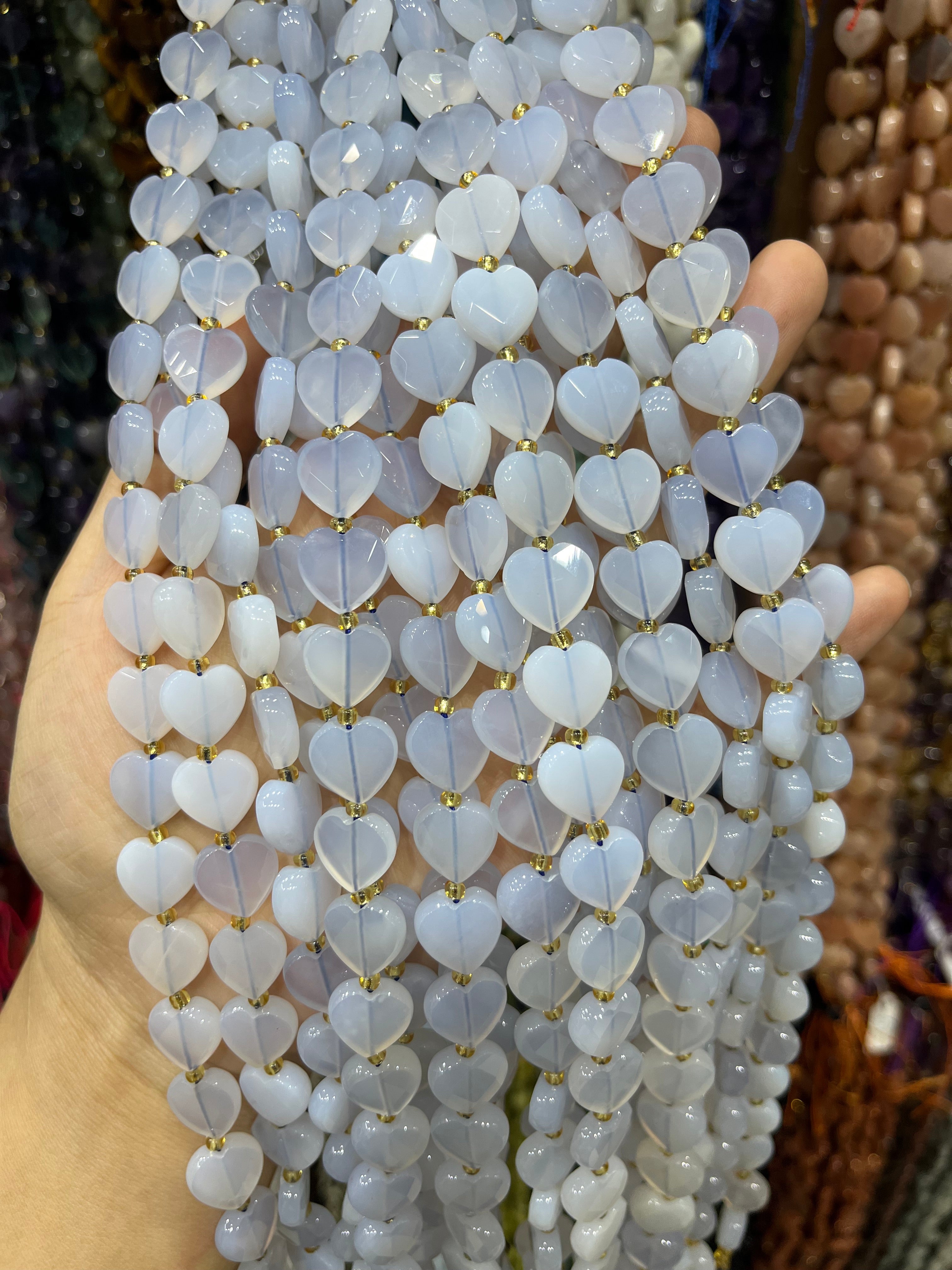 blue chalcedony faceted heart beads strand