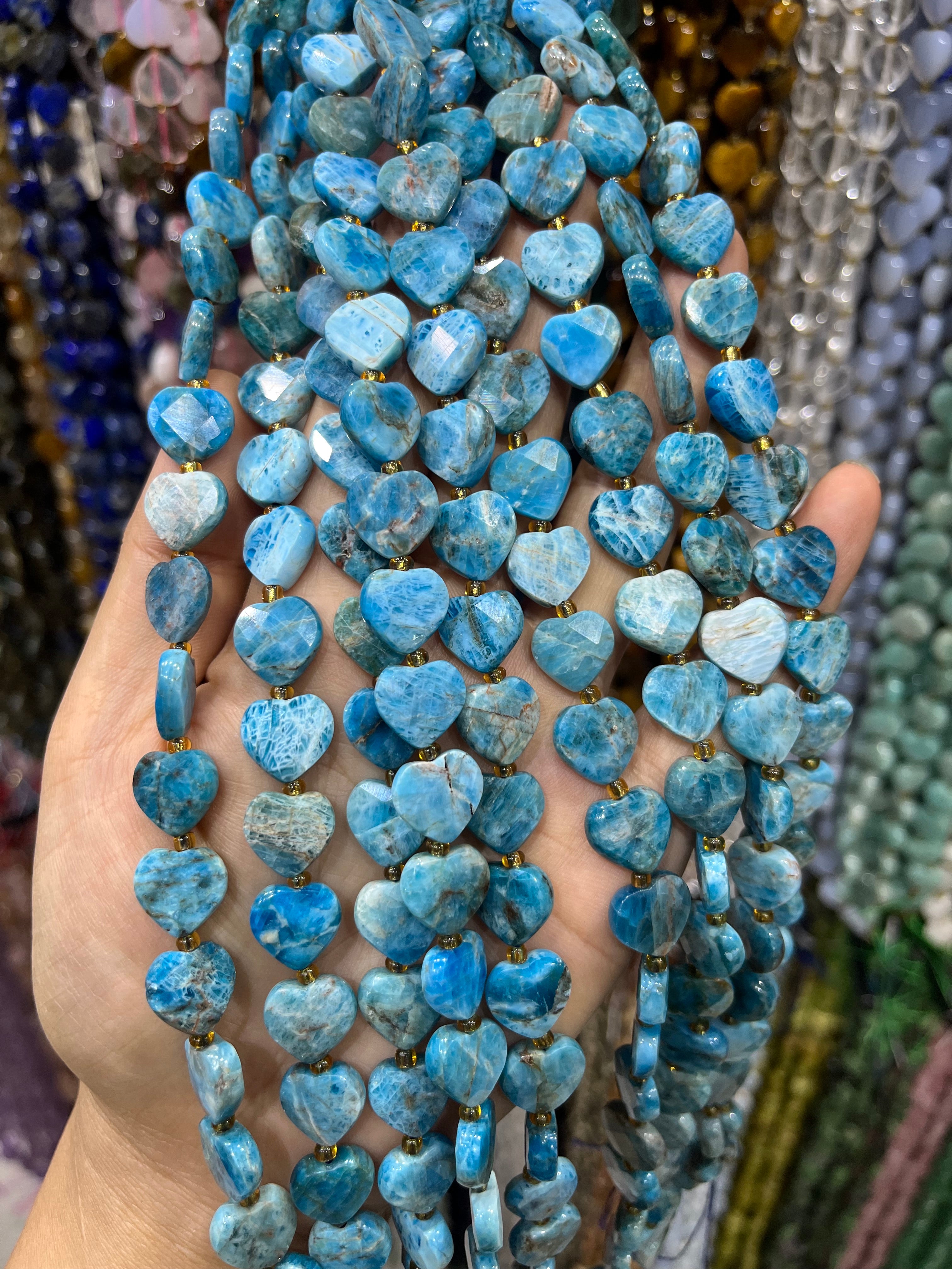 blue apatite faceted heart beads strand