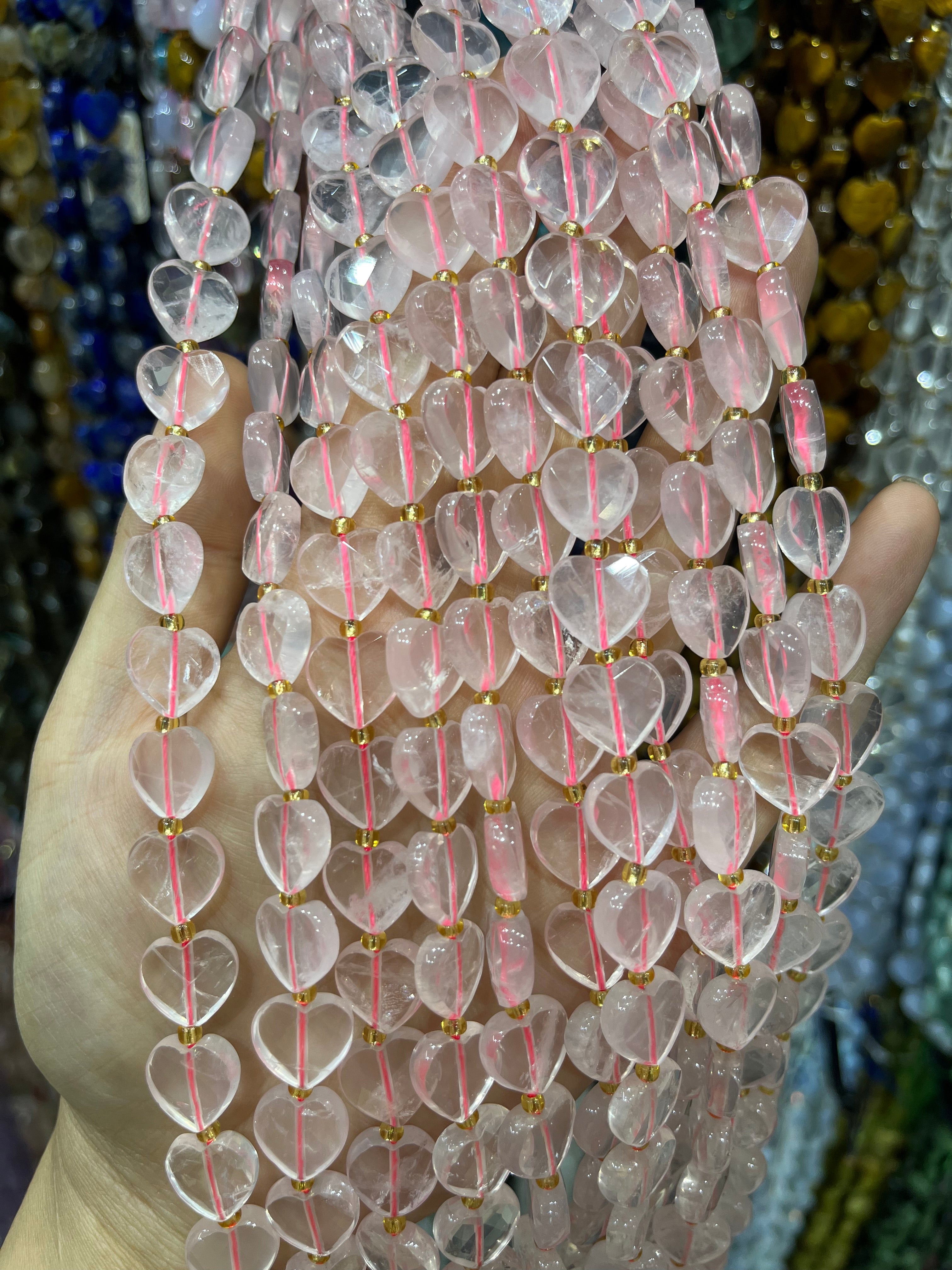 12mm rose quartz faceted heart beads strand