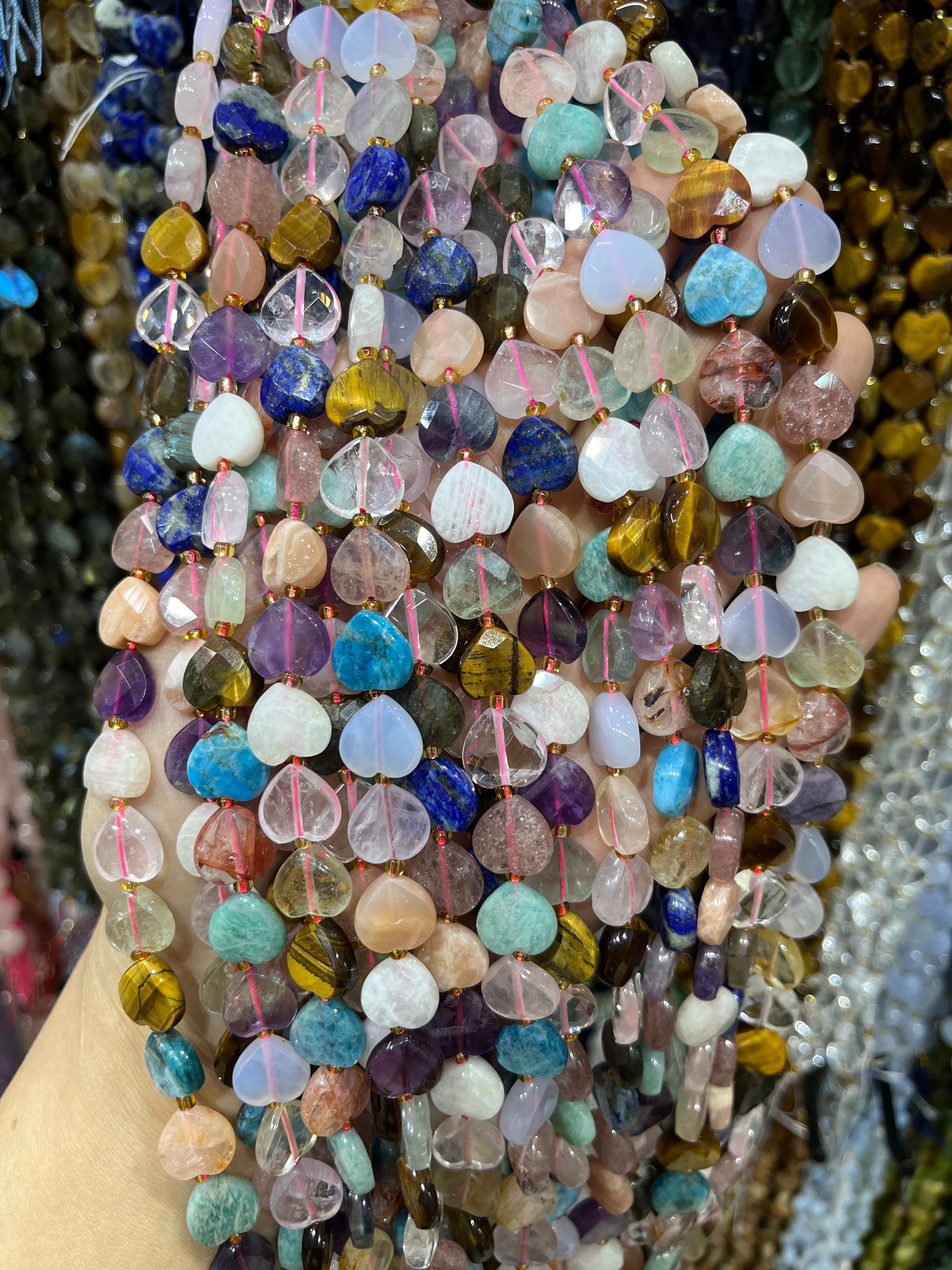 mixed materials faceted heart beads strand