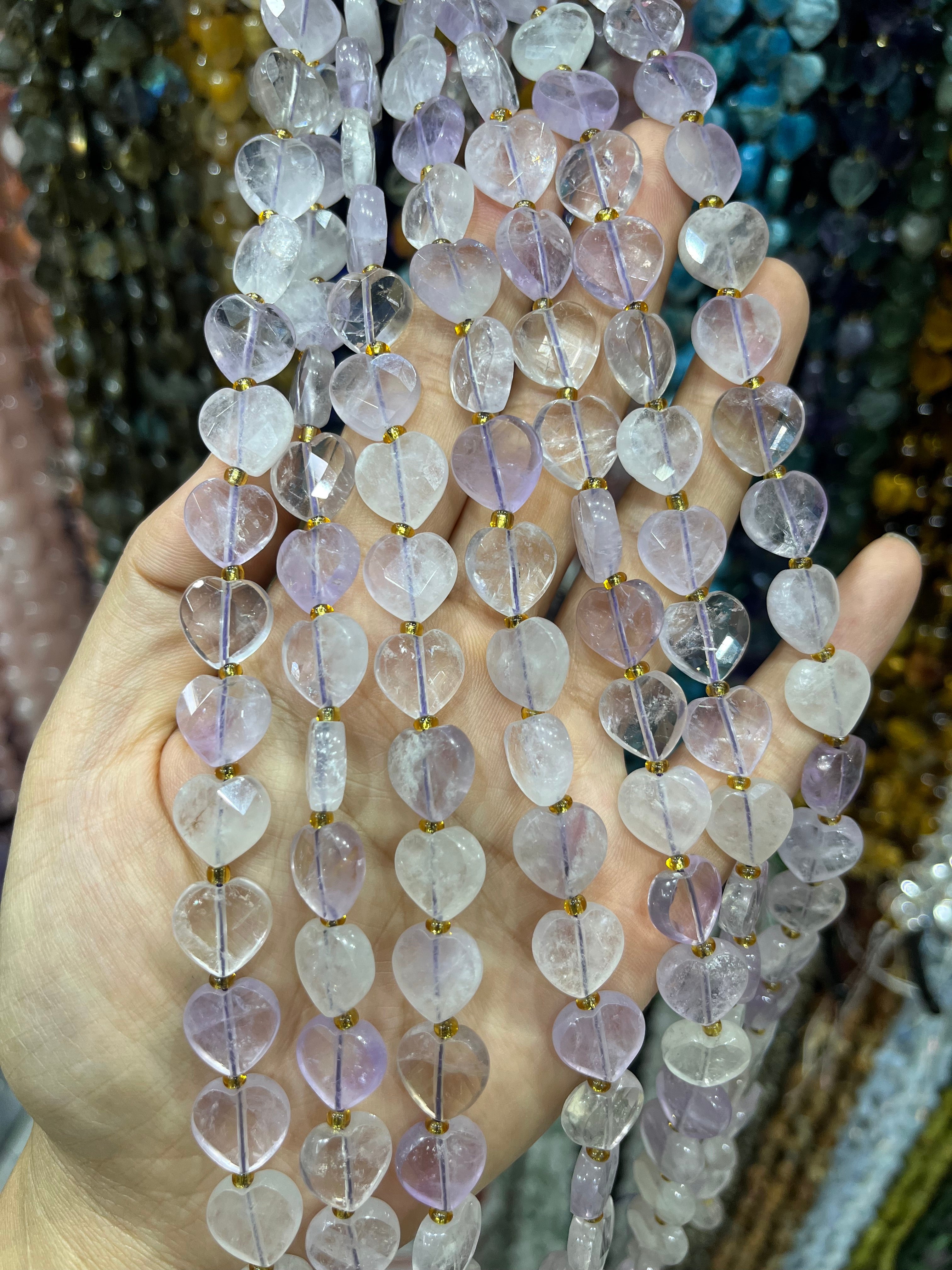 12mm light amethyst faceted heart beads strand