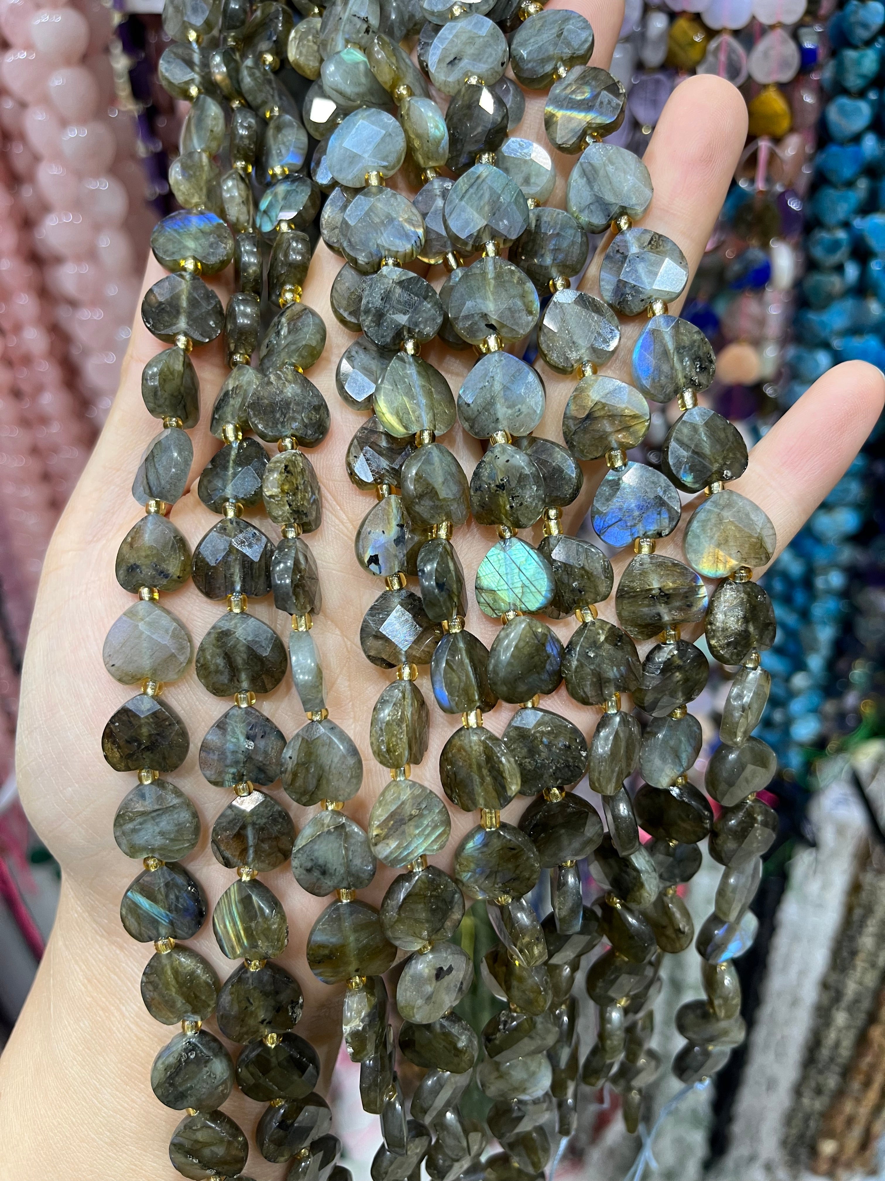 12mm labradorite faceted heart beads strand