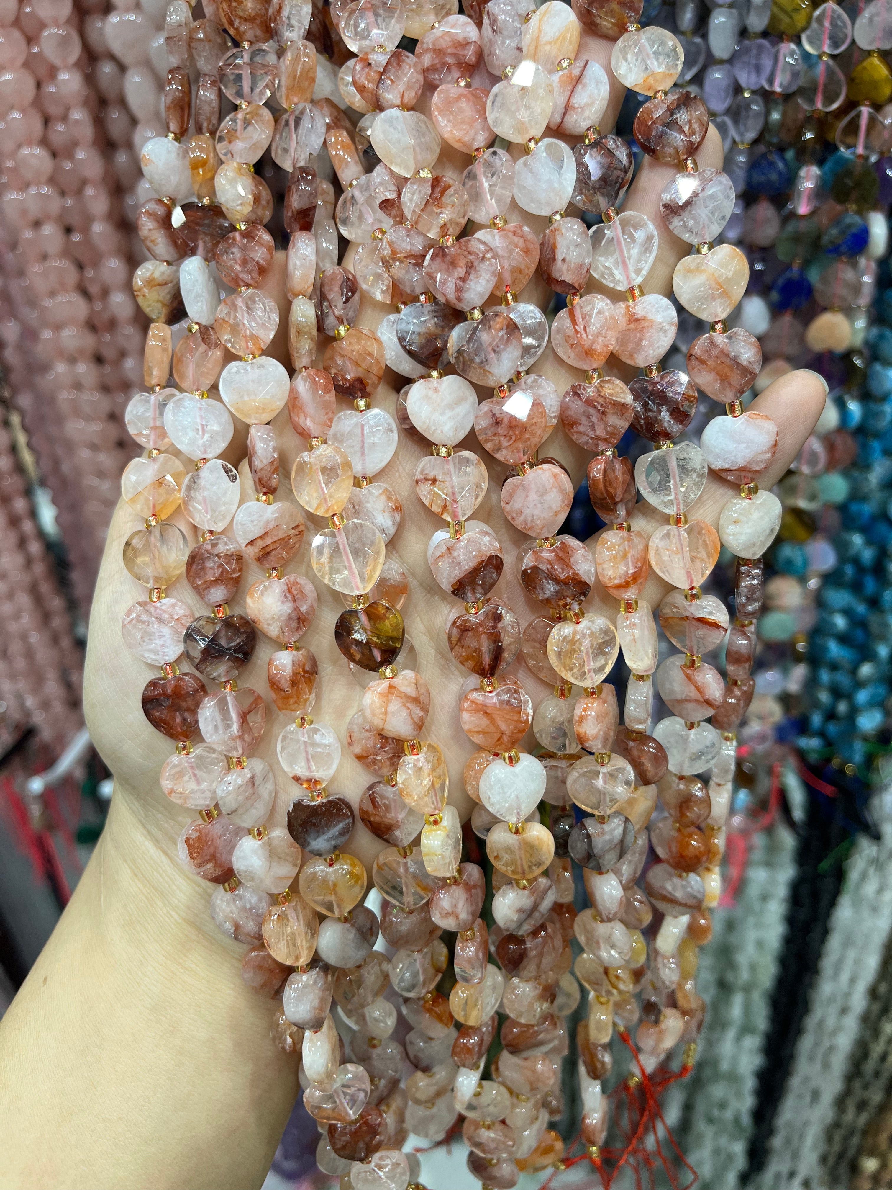 12mm fire quartz faceted heart beads strand