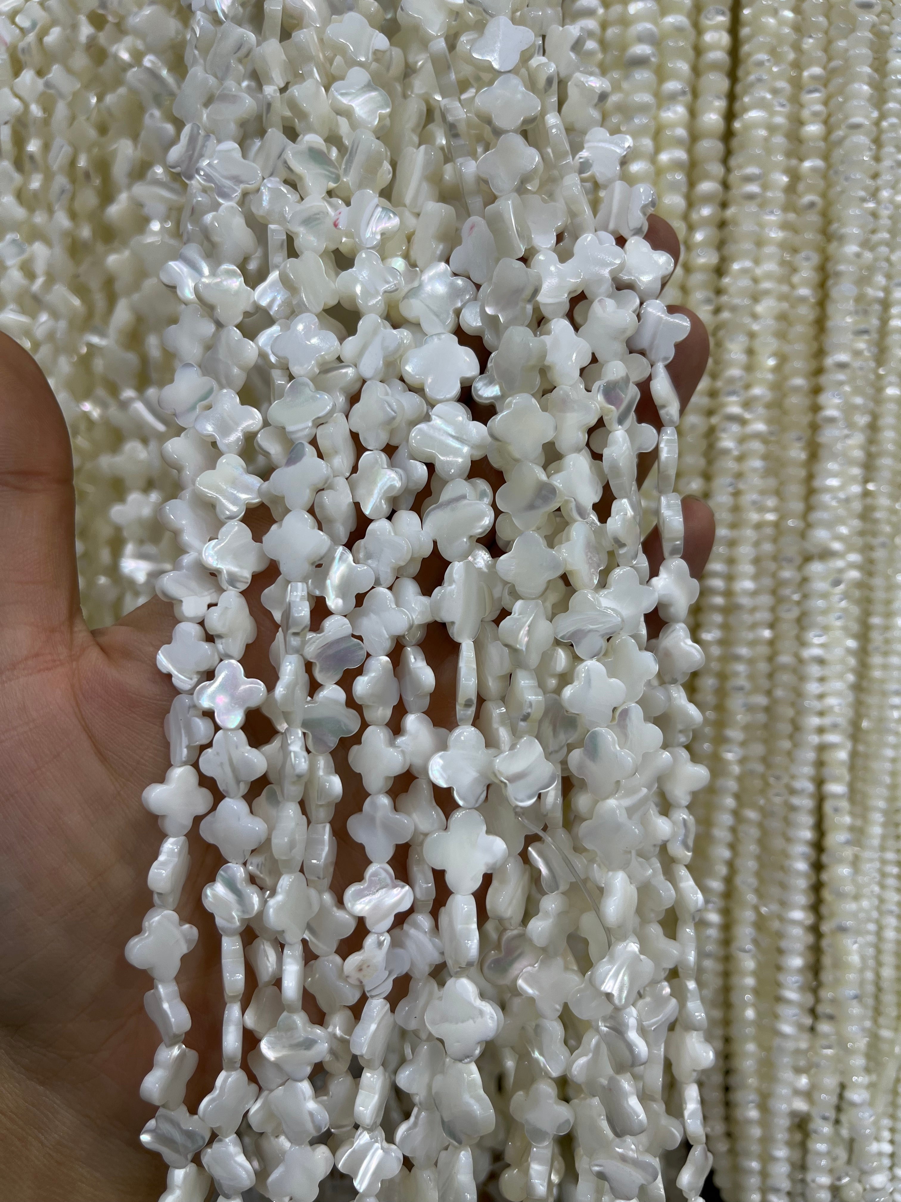white shell clover beads strand