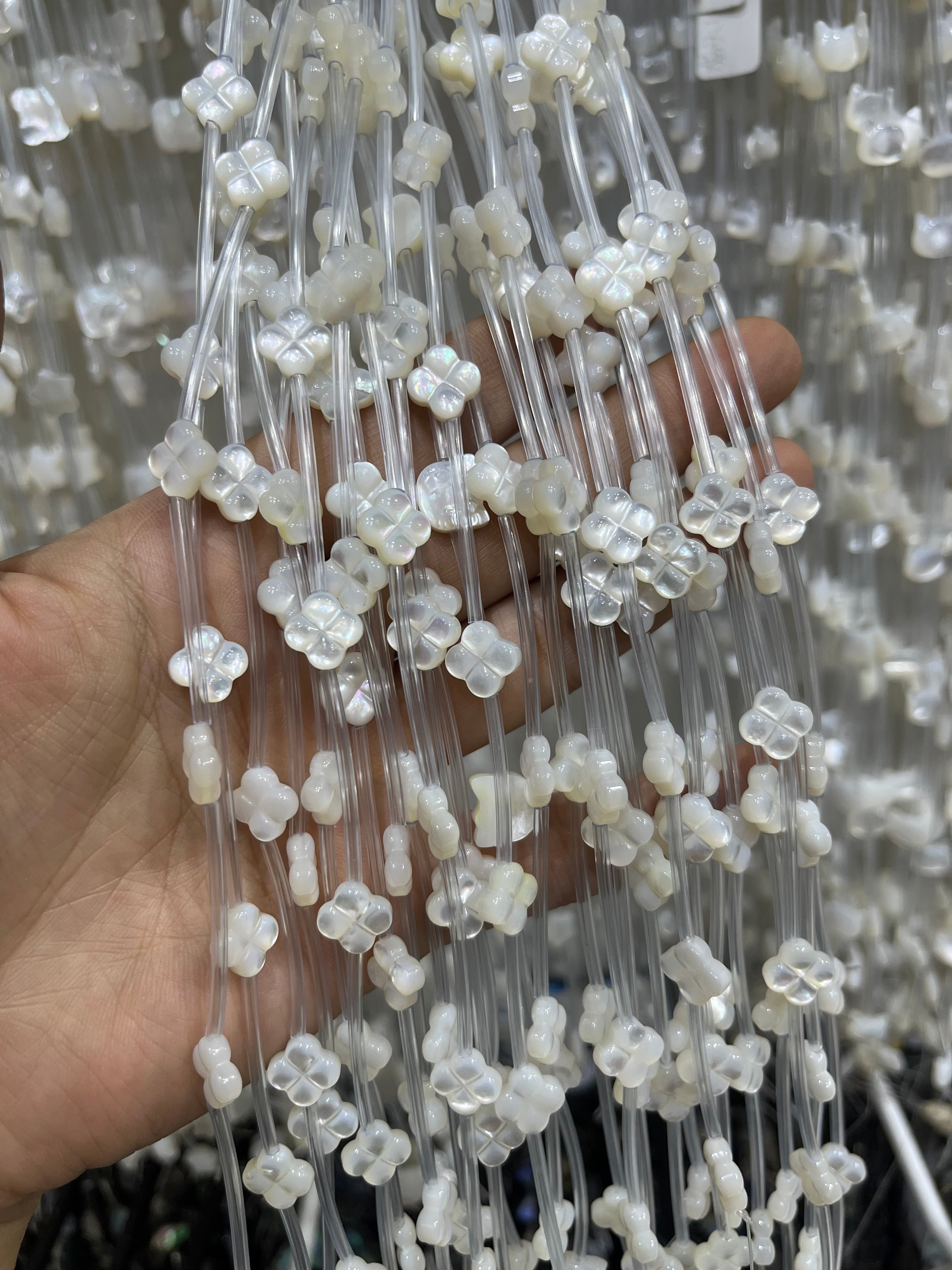 white shell clover beads strand