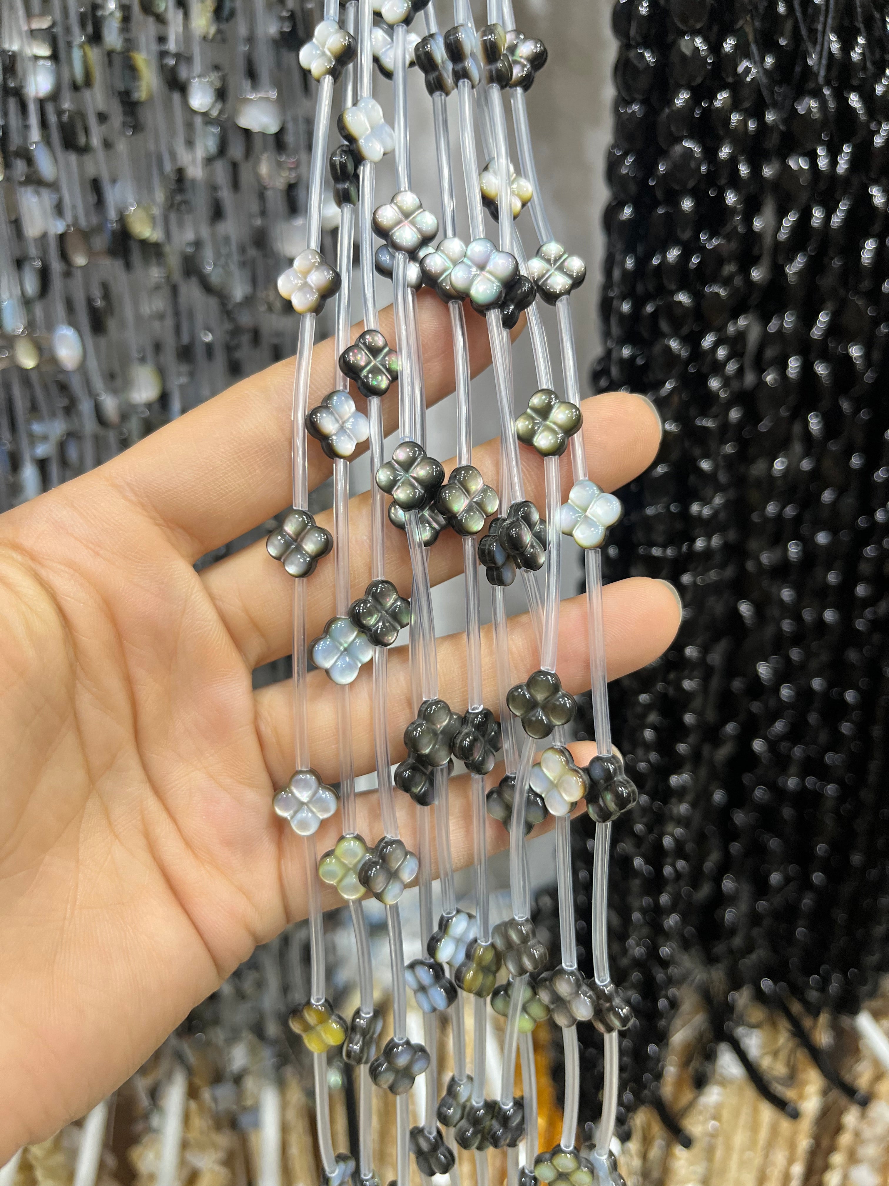 black shell clover beads strand