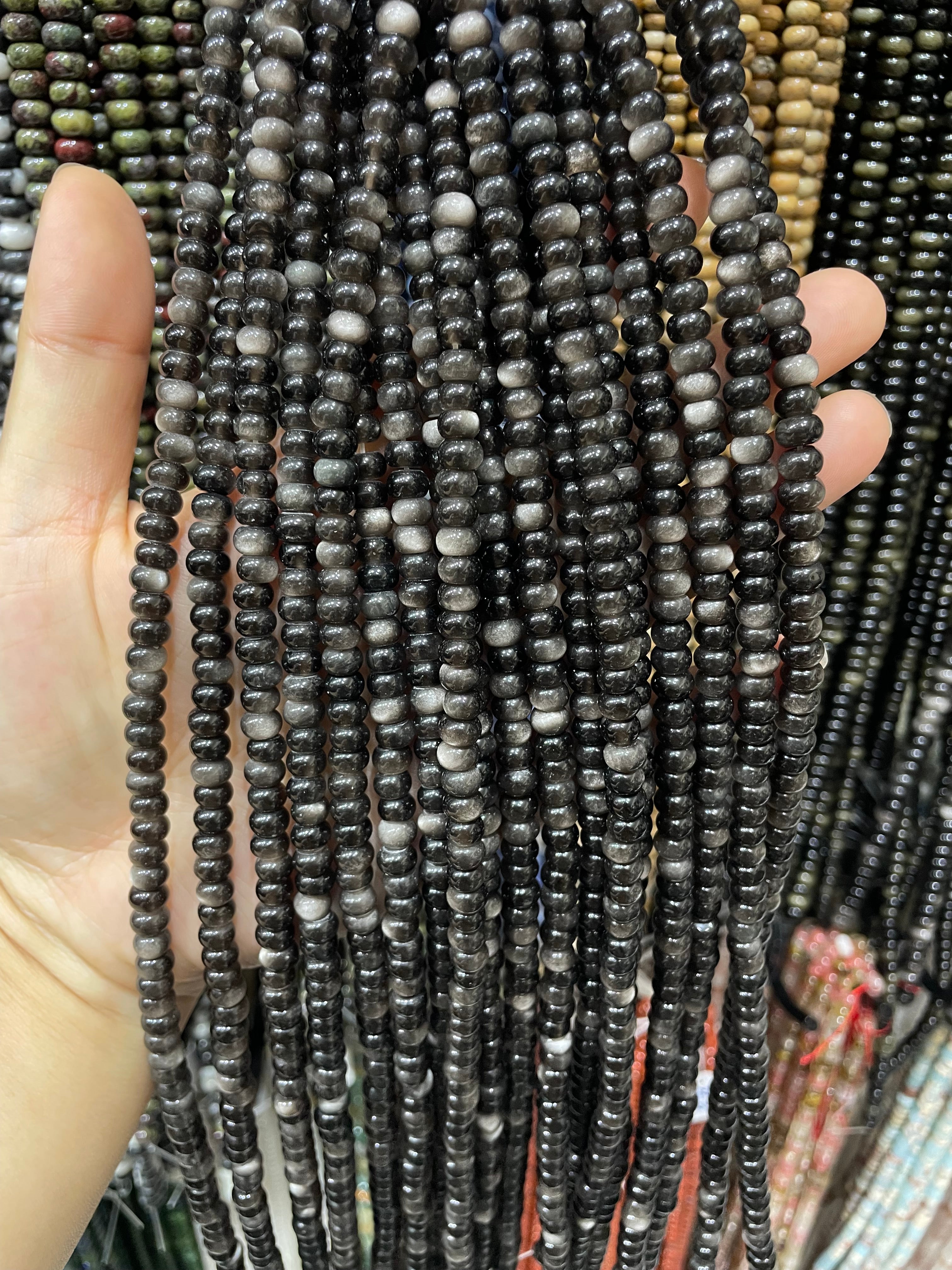 silver sheen obsidian donut beads strand 6/8mm