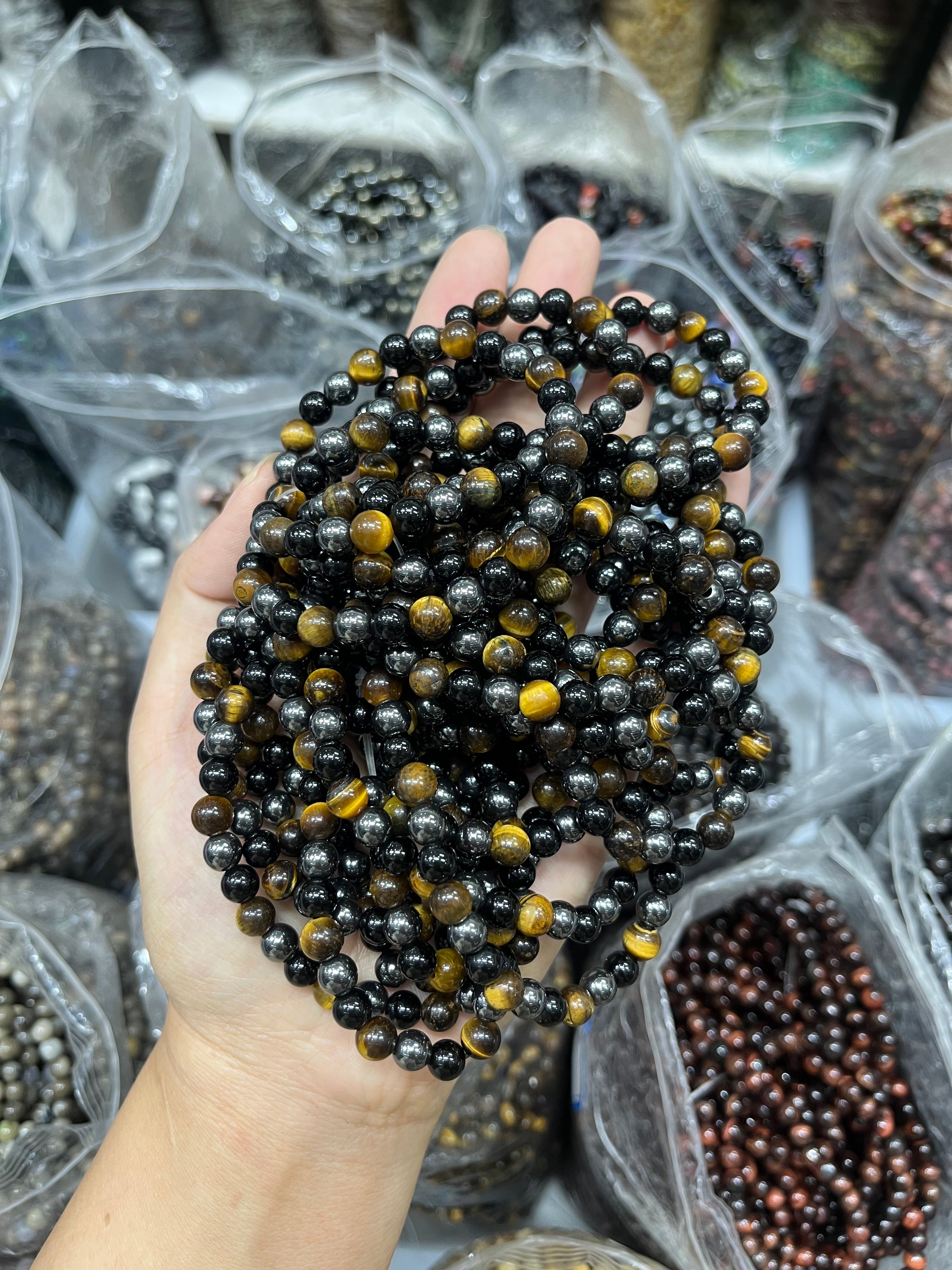 6mm mixed tiger eye hematite obsidian bracelet wholesale