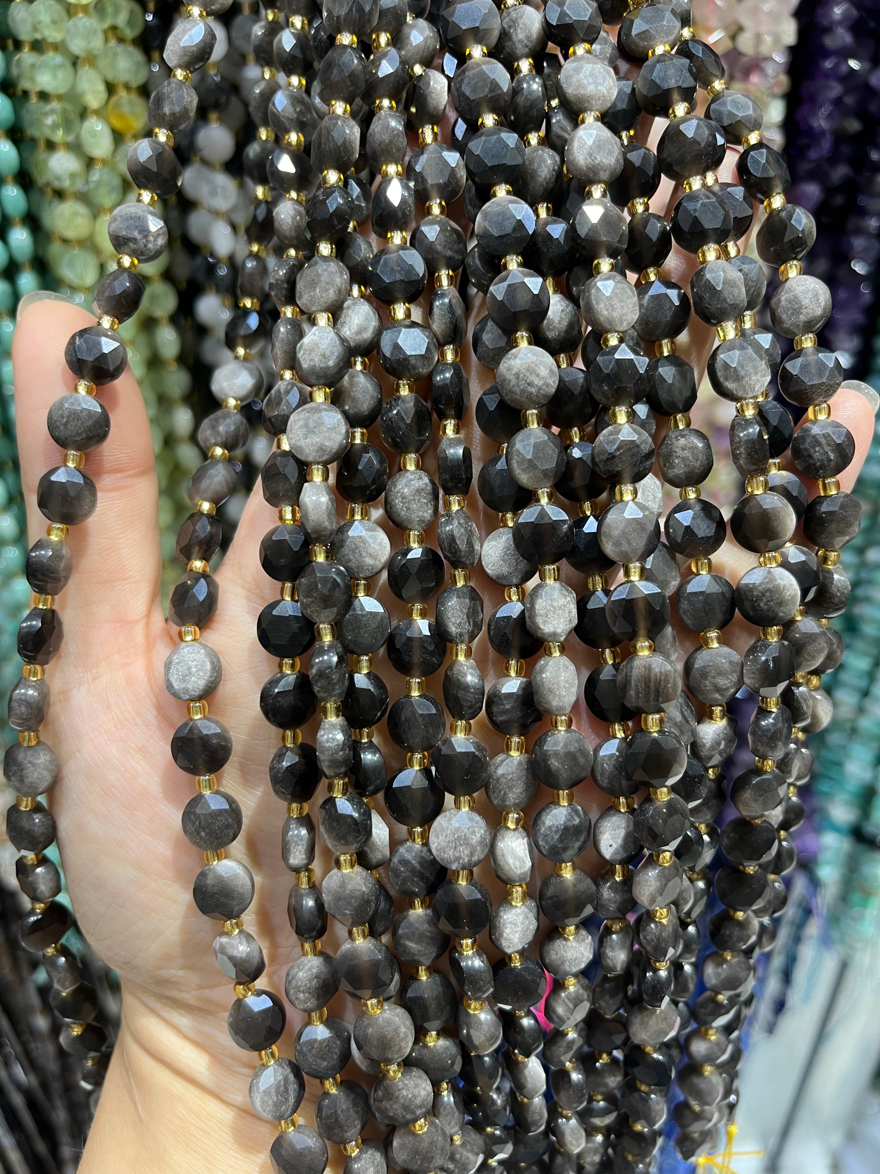 8/10mm silver sheen obsidian faceted coin beads strand