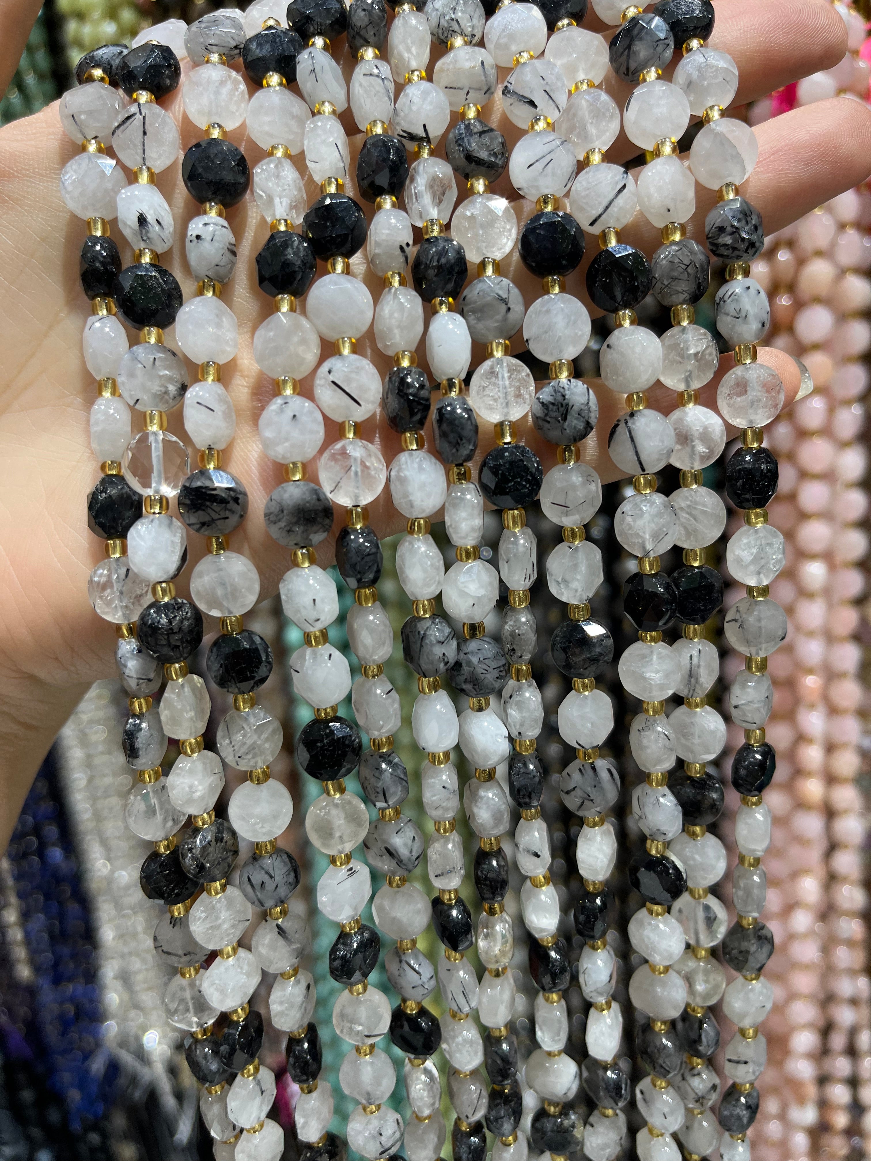 8/10mm black rutile quartz faceted coin beads strand