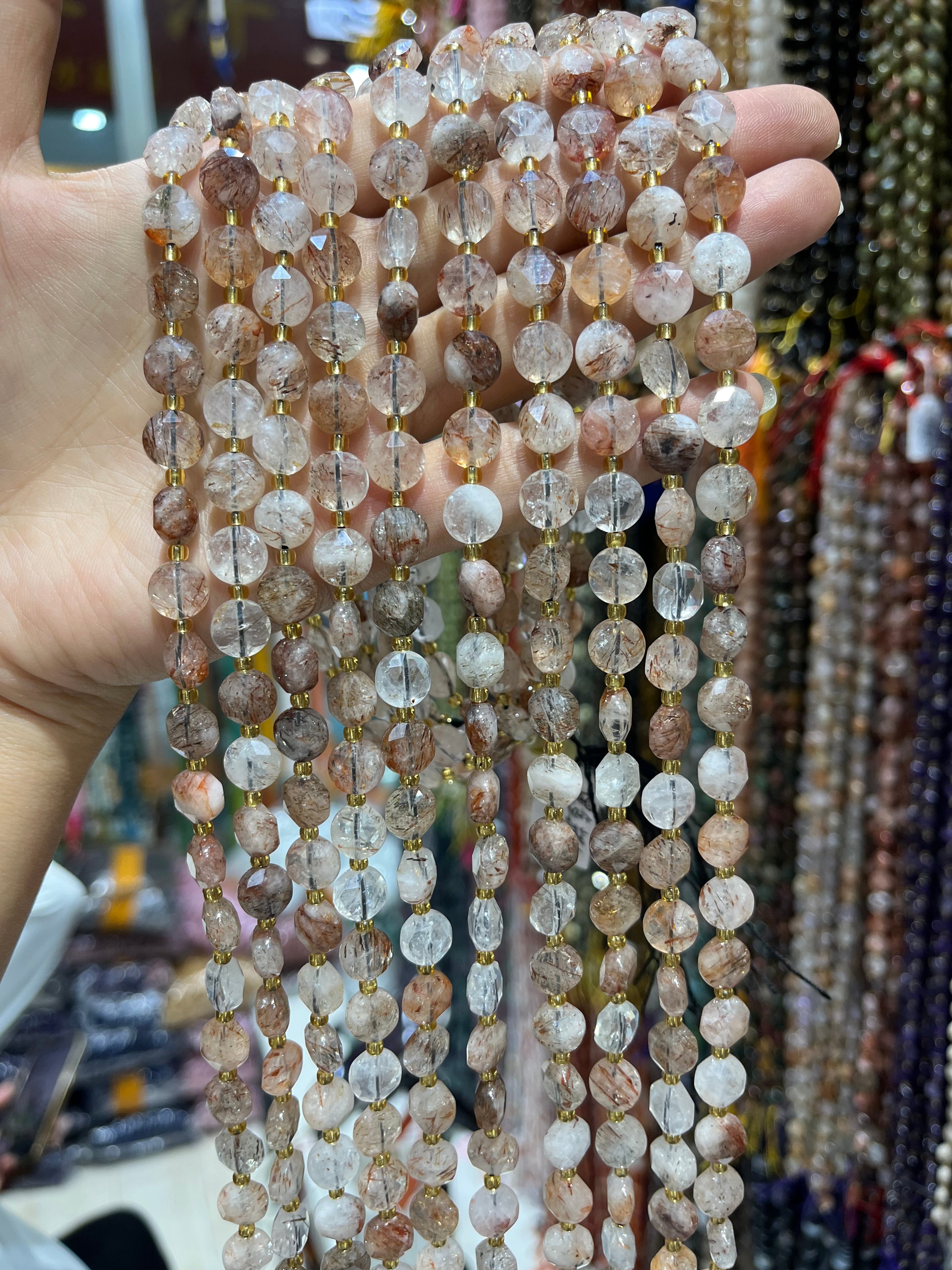 8mm copper rutile quartz faceted coin beads strand