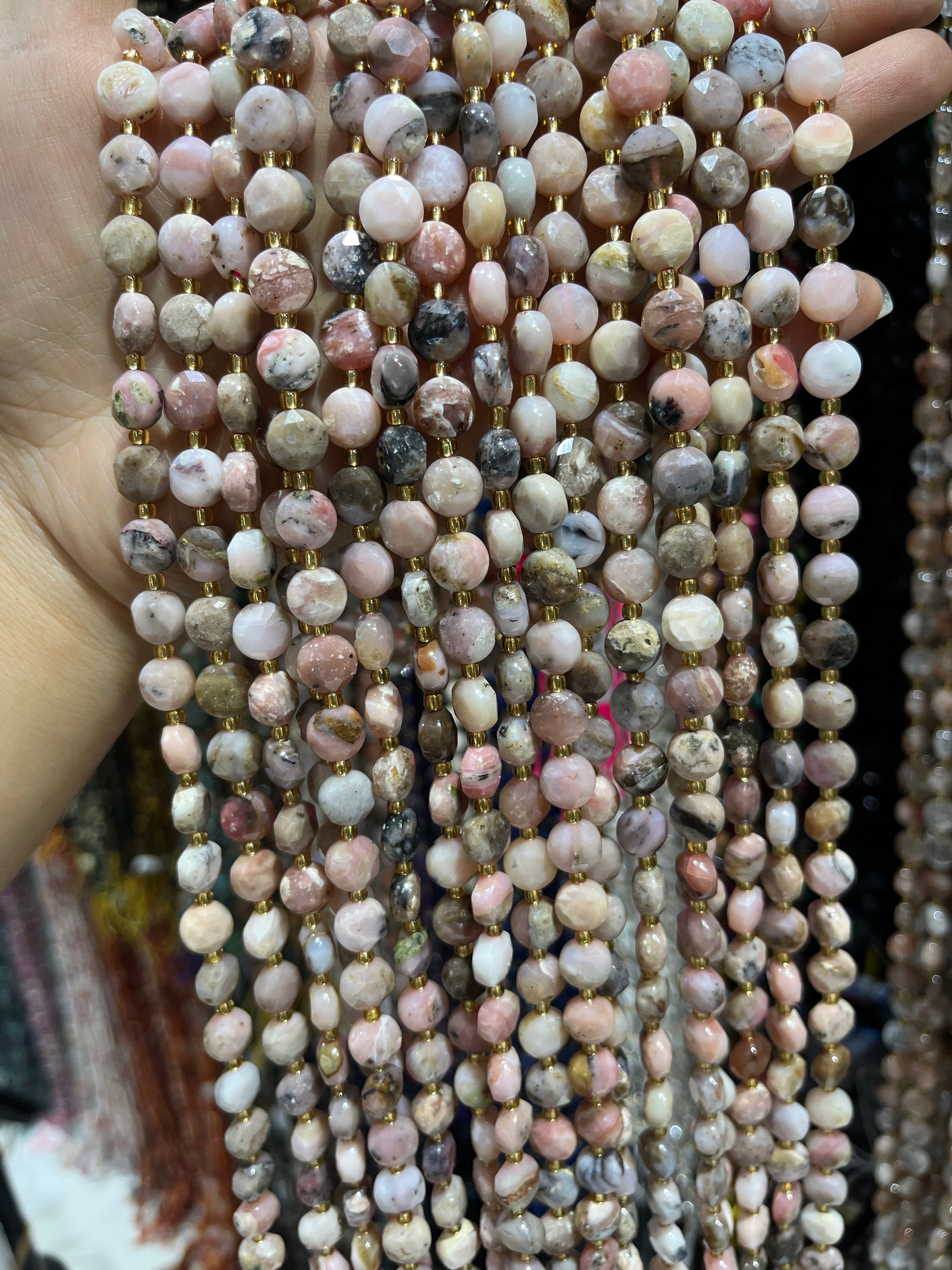 8mm pink opal faceted coin beads strand