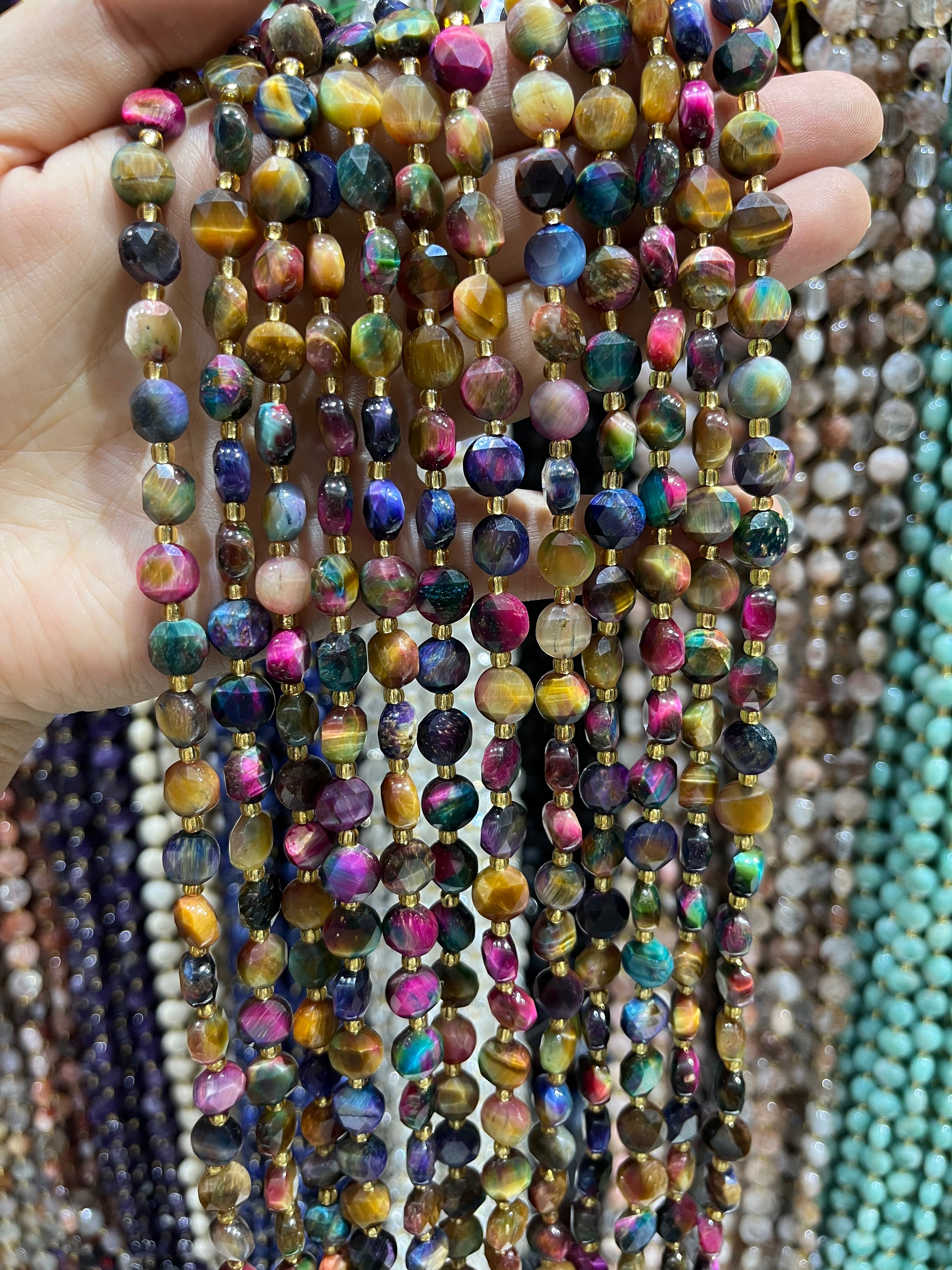 8mm tourmaline tiger eye faceted coin beads strand