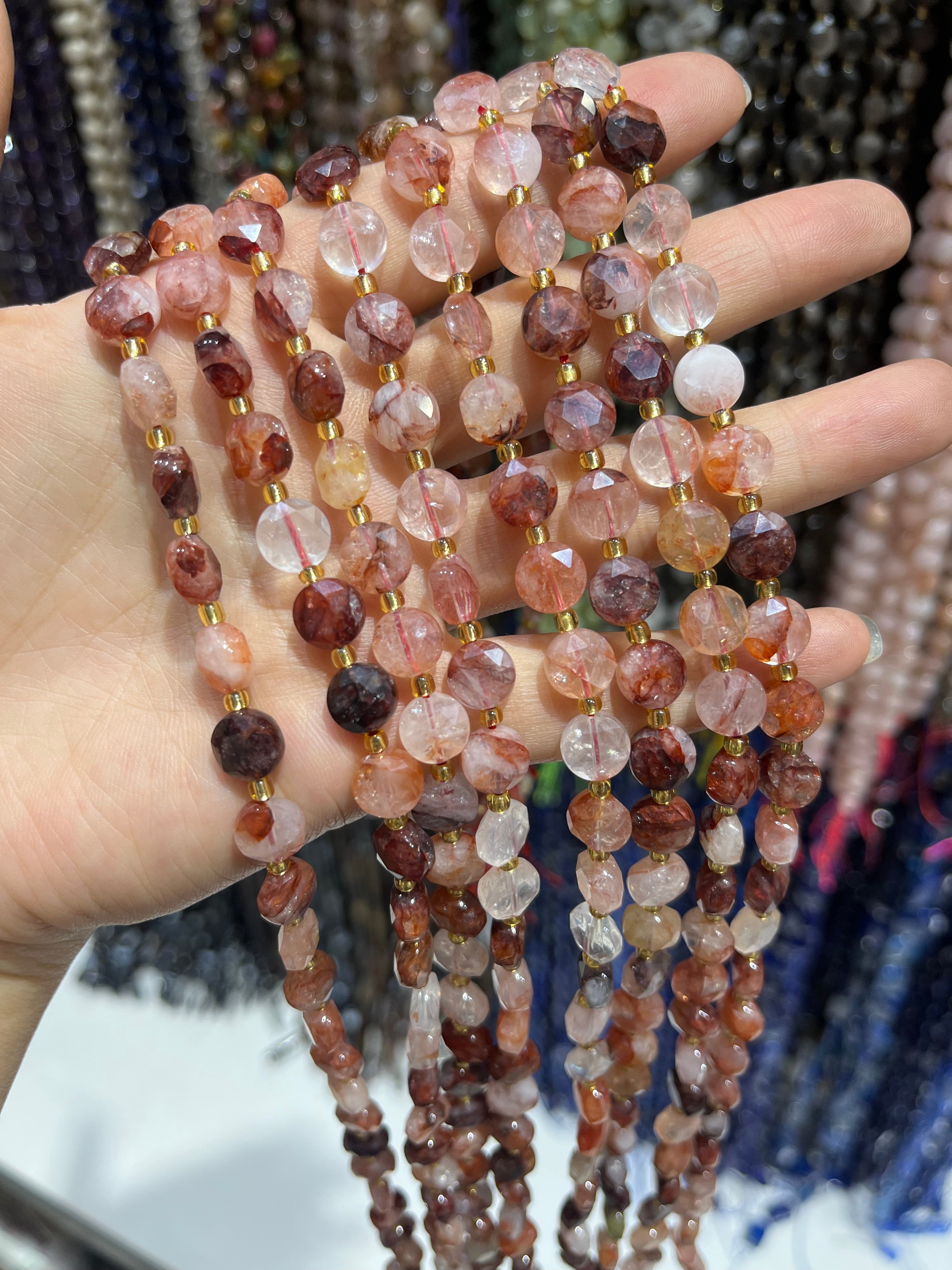 6/8/10mm fire quartz faceted coin beads strand