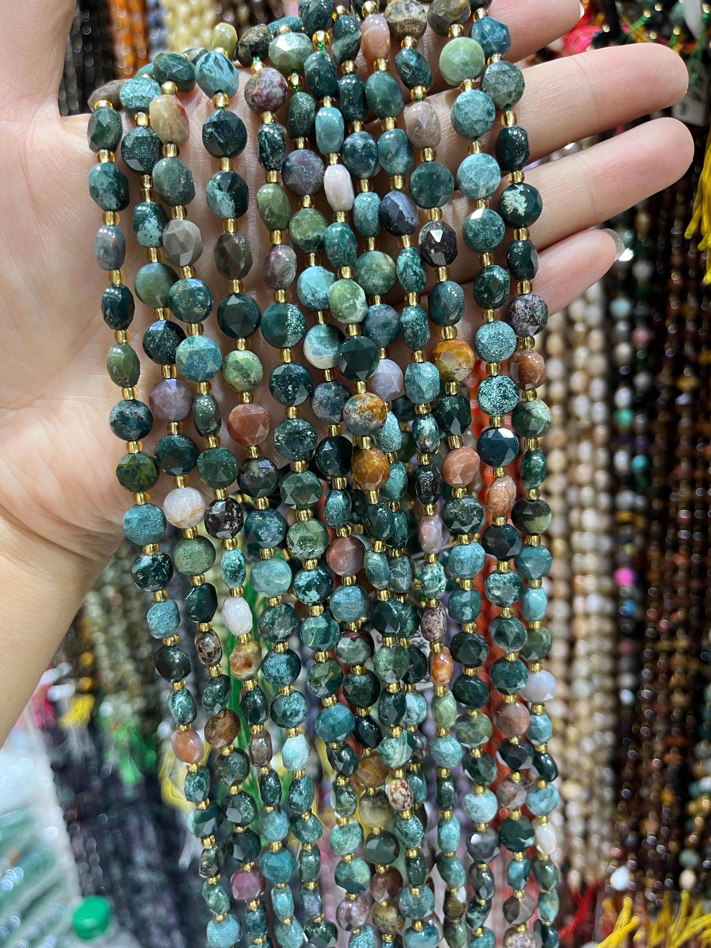 8mm green ocean jasper faceted coin beads strand