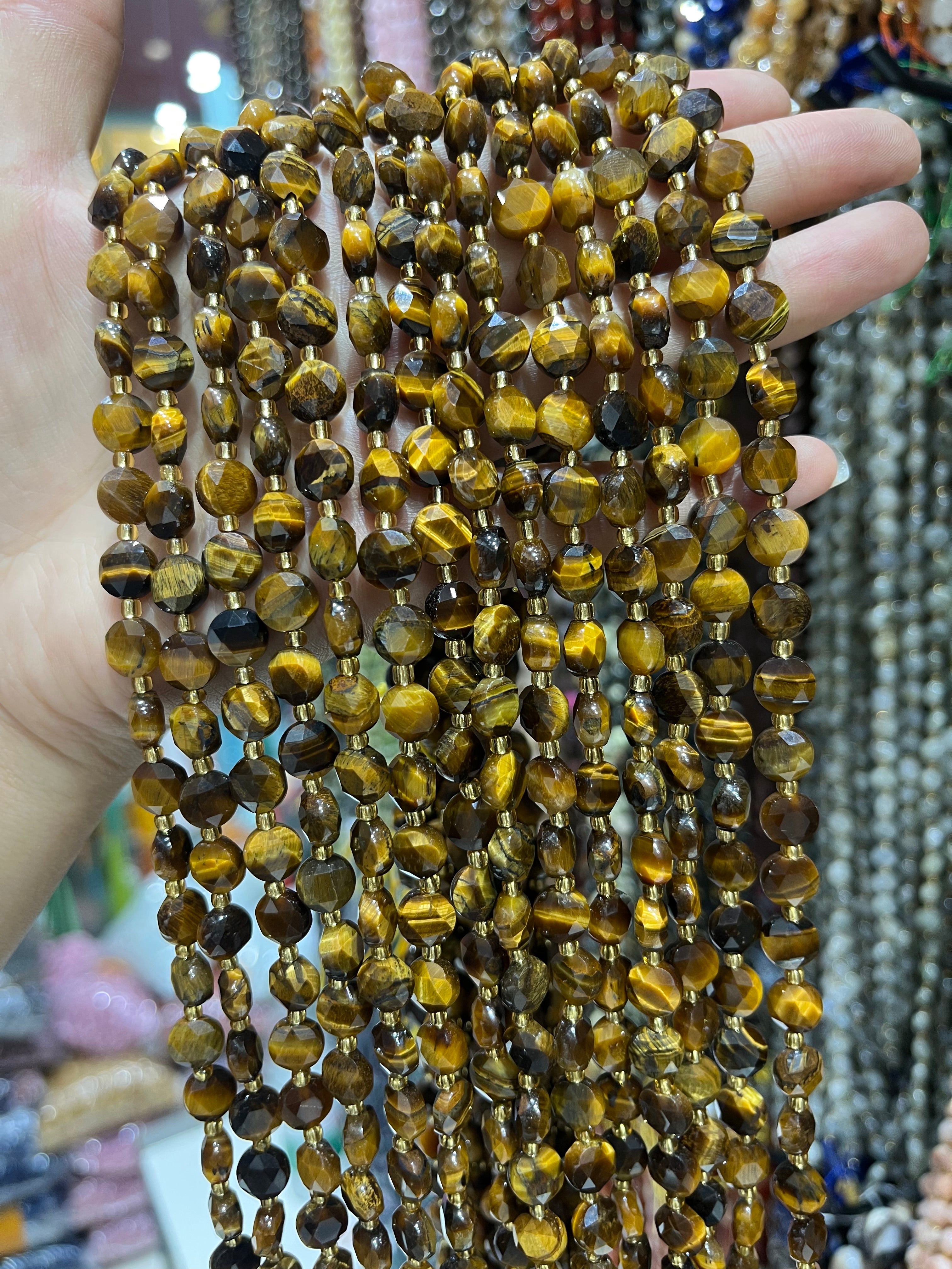 6/8/10mm yellow tiger eye faceted coin beads strand