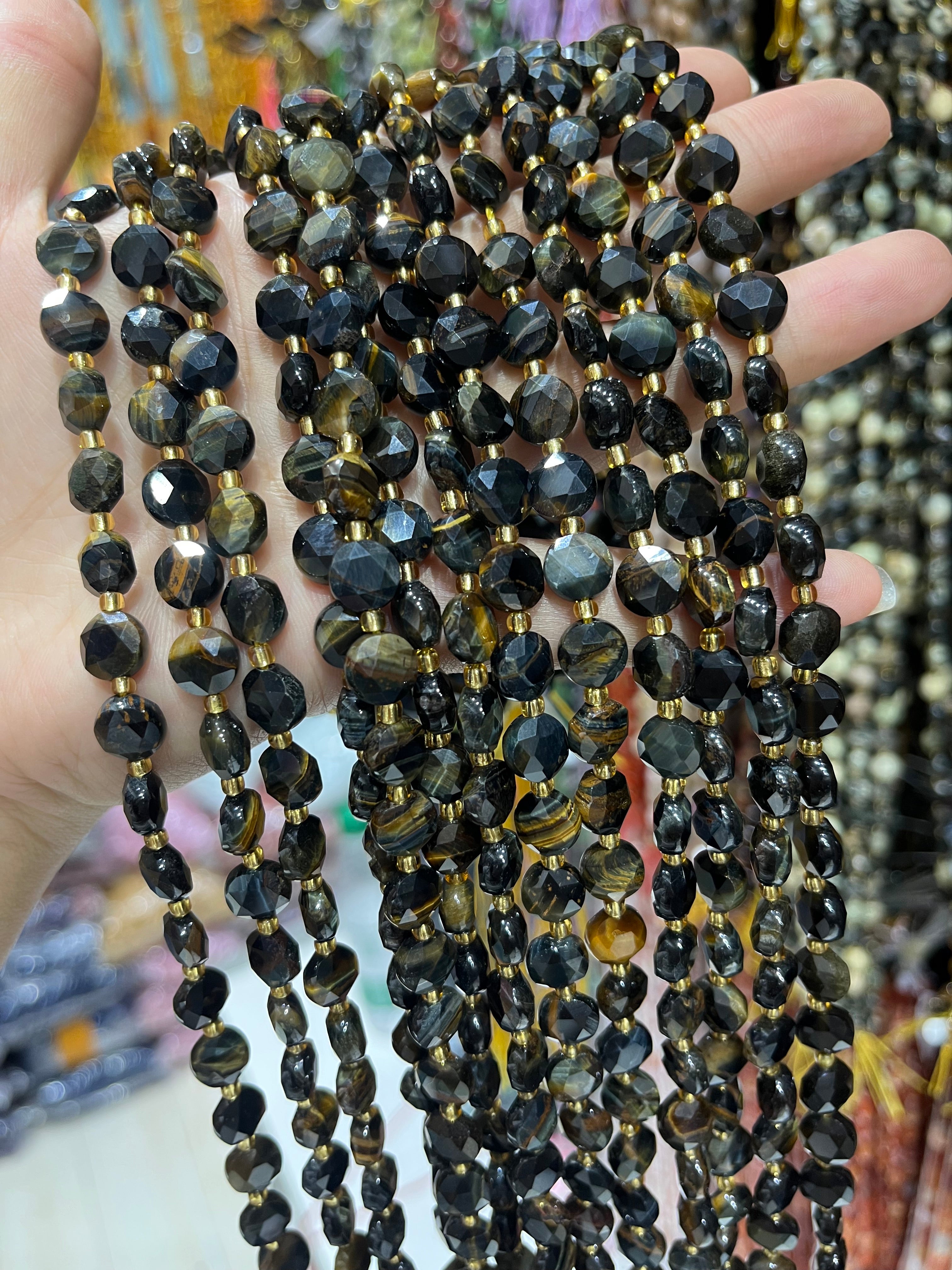 8/10mm yellow blue tiger eye faceted coin beads strand