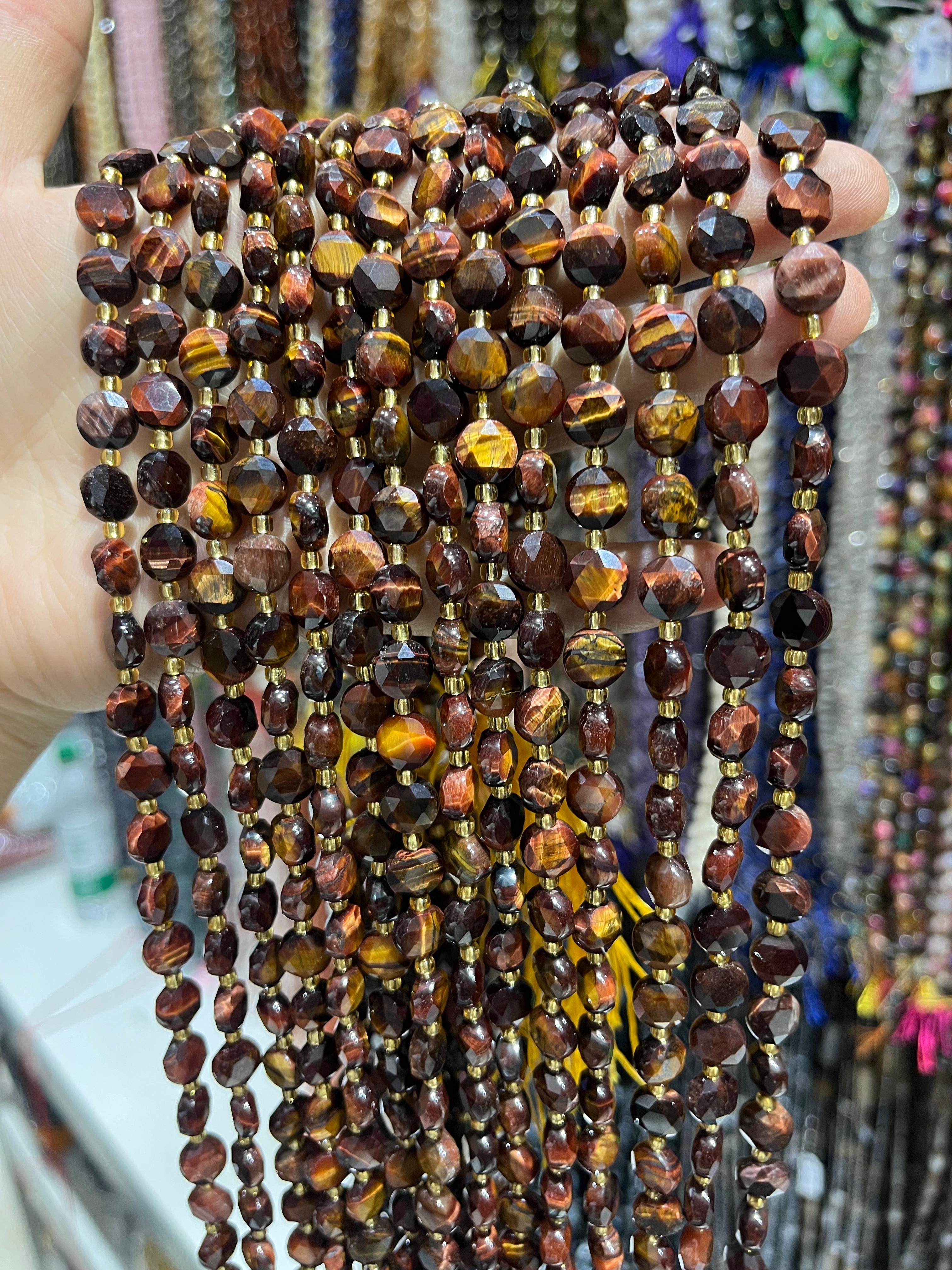 6/8/10mm yellow red tiger eye faceted coin beads strand