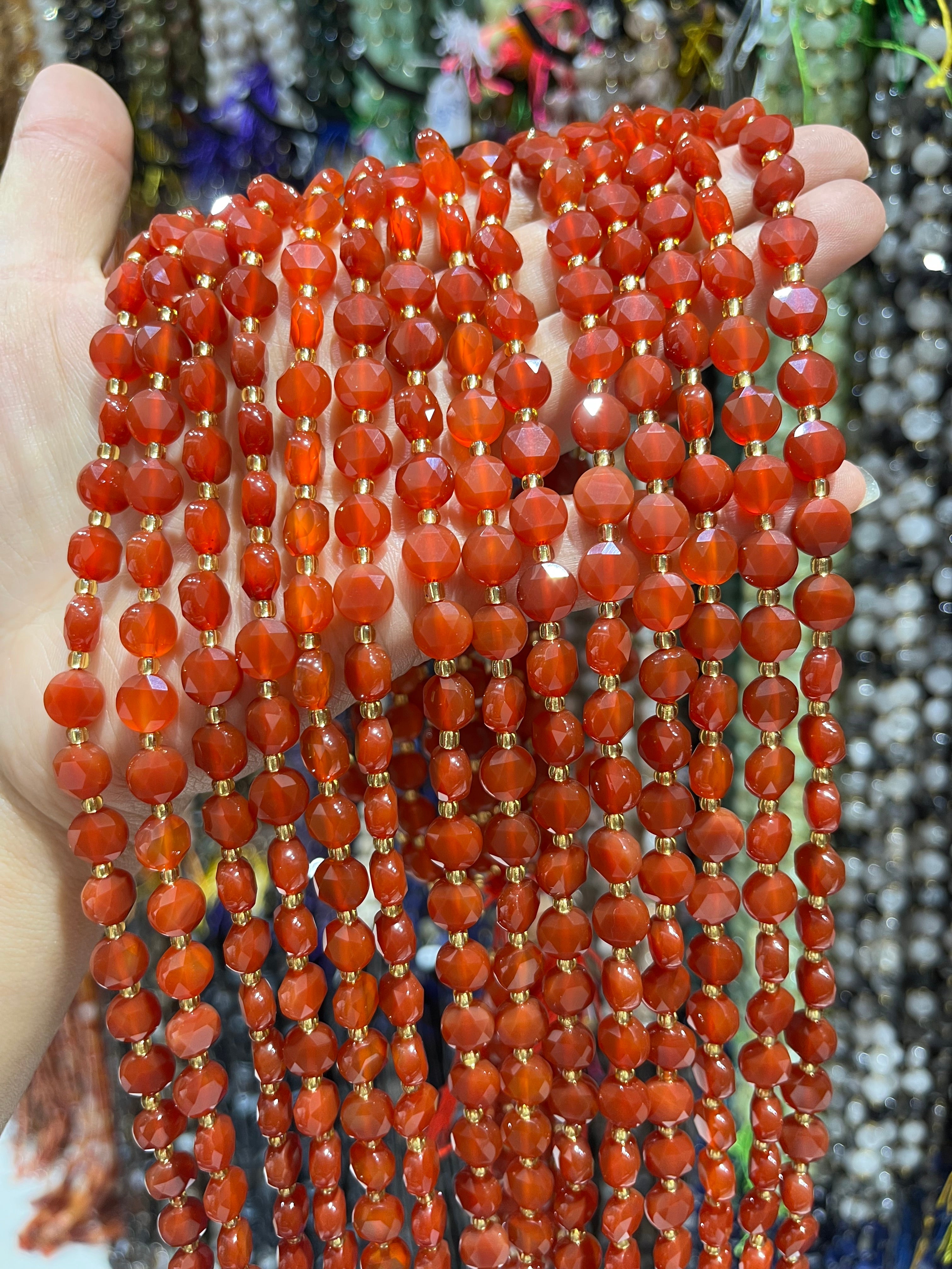 6/8mm red agate (heat treated) faceted coin beads strand