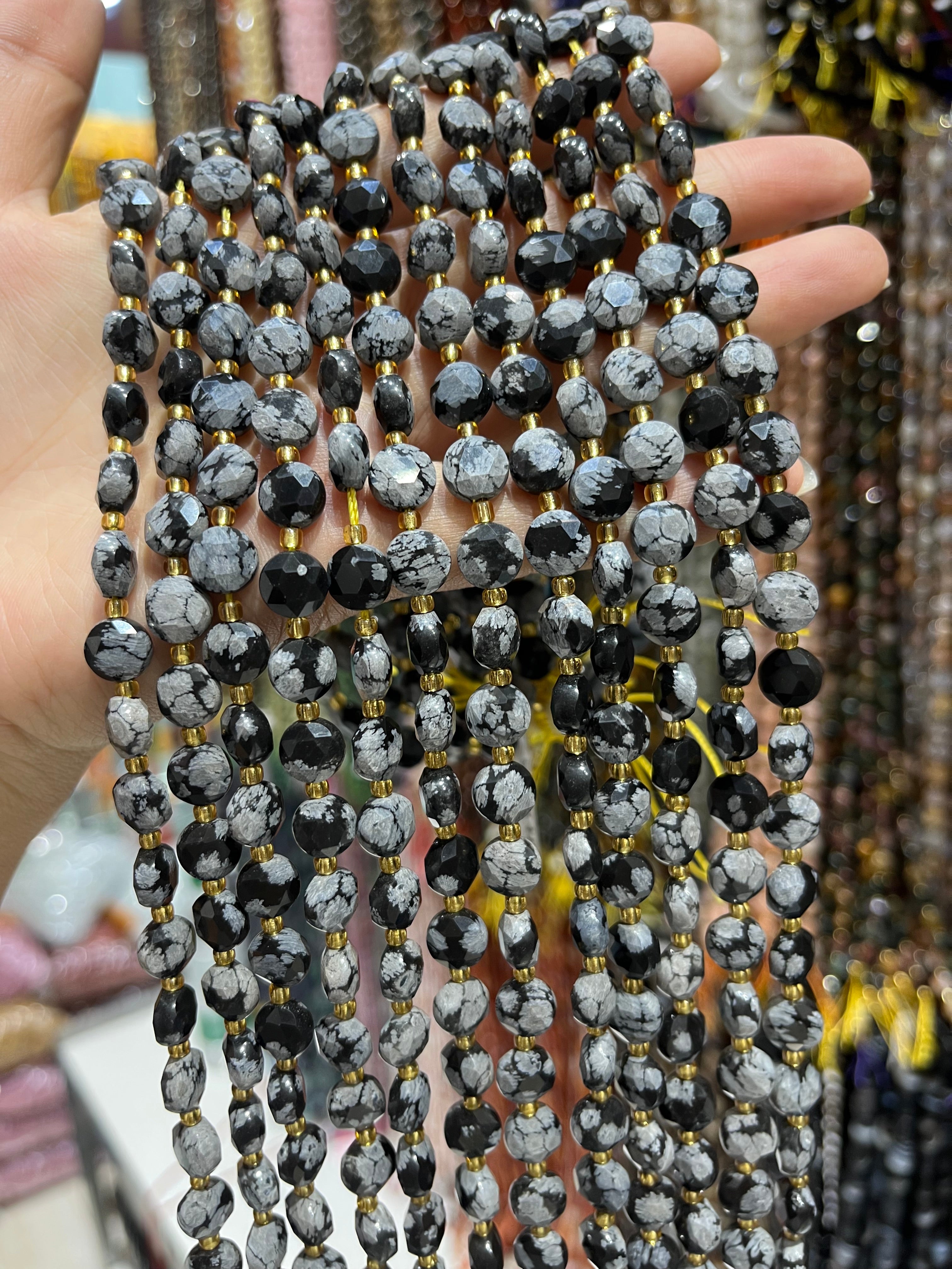 6/8/10mm snowflakes obsidian faceted coin beads strand