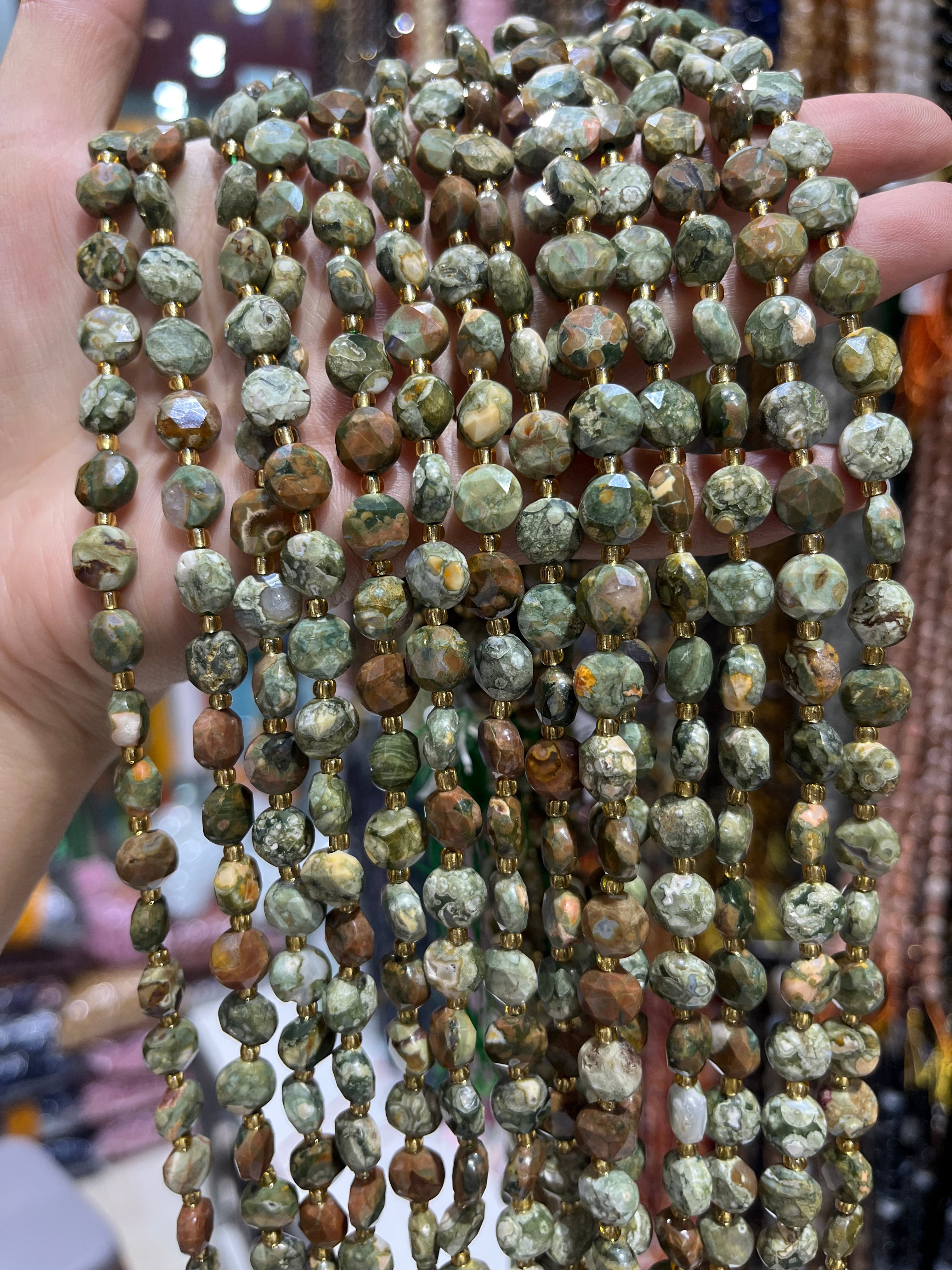 6/8/10mm forest jasper faceted coin beads strand