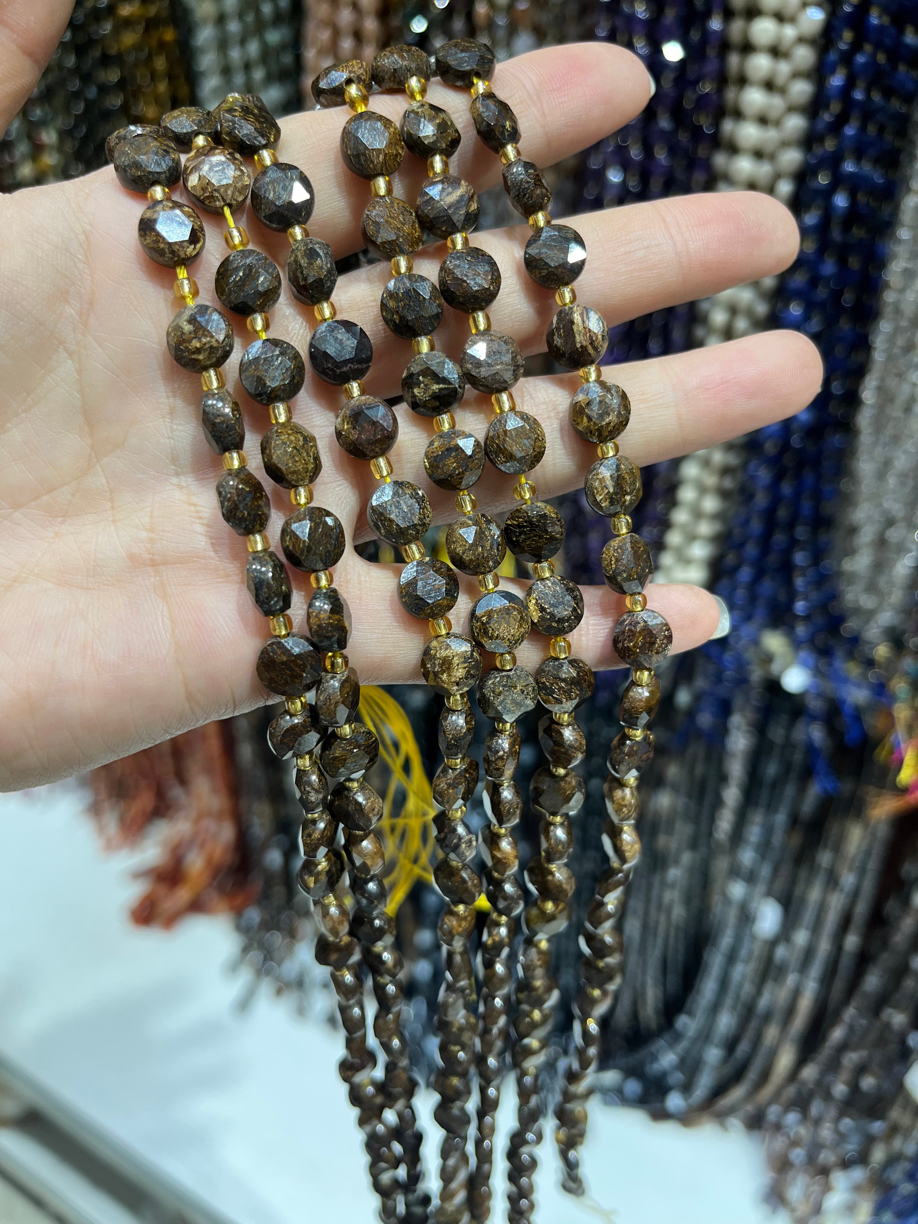 8/10mm bronzite faceted coin beads strand