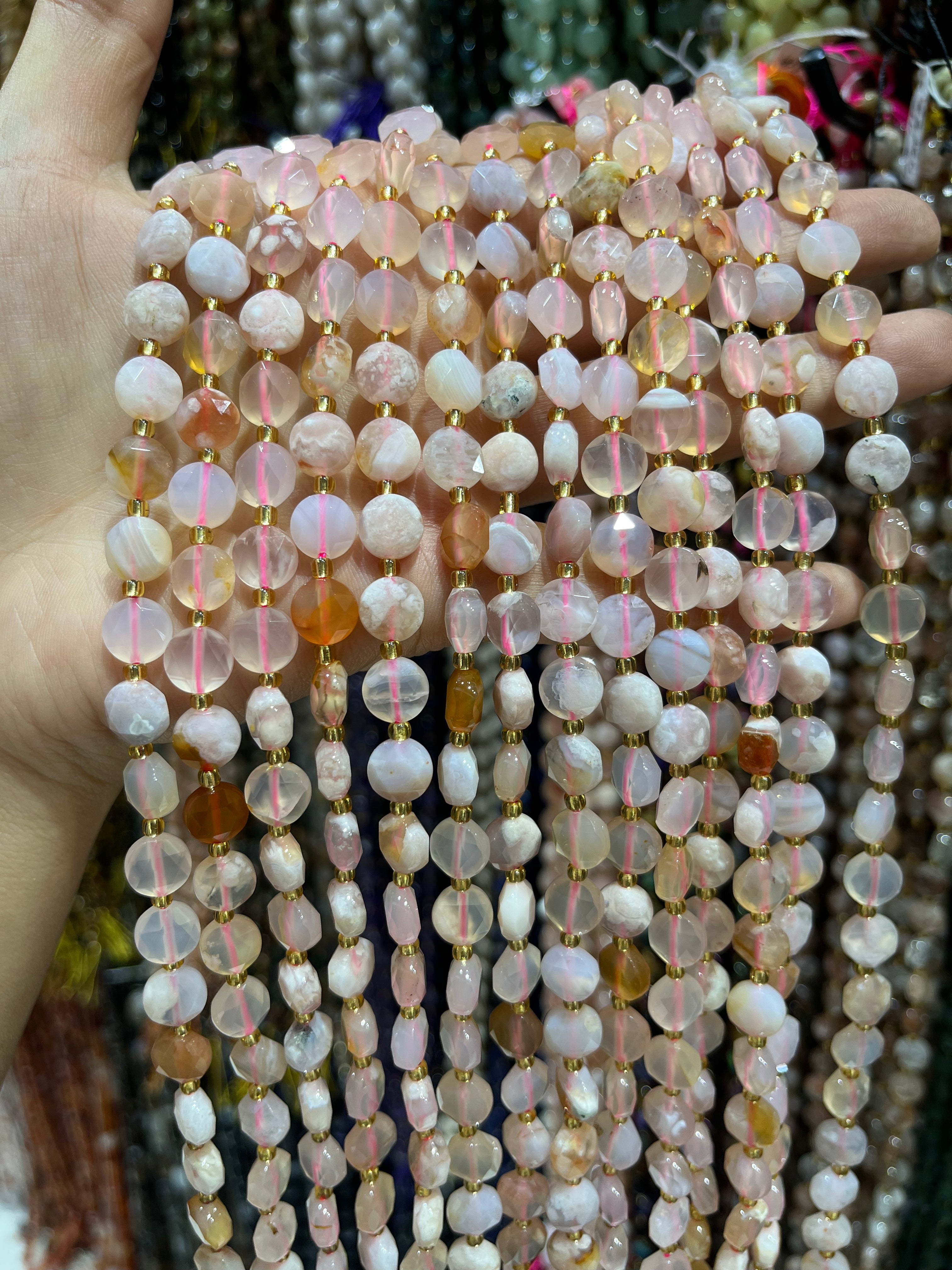 8/10mm flower agate faceted coin beads strand