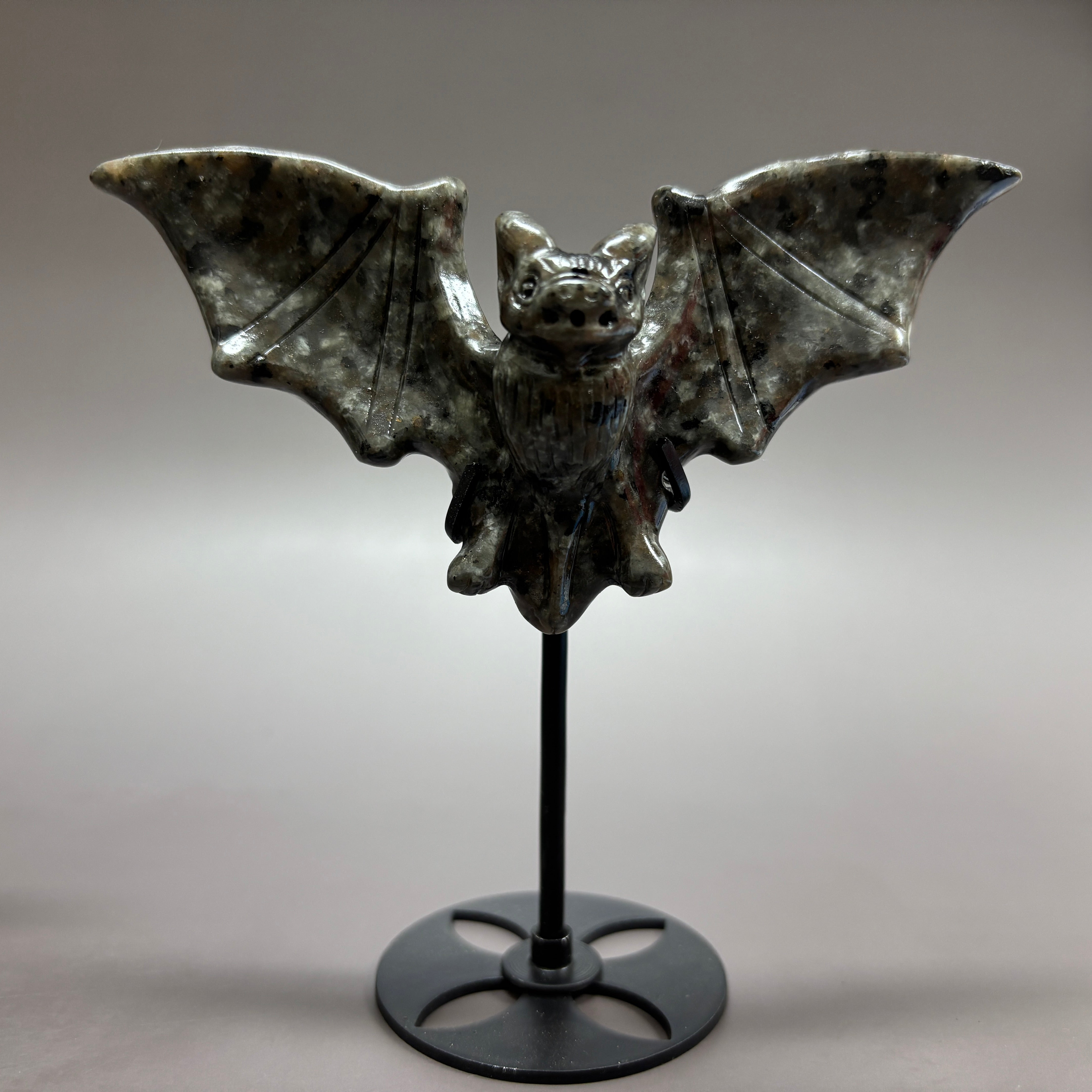 Natural Black Obsidian Bat on Stand