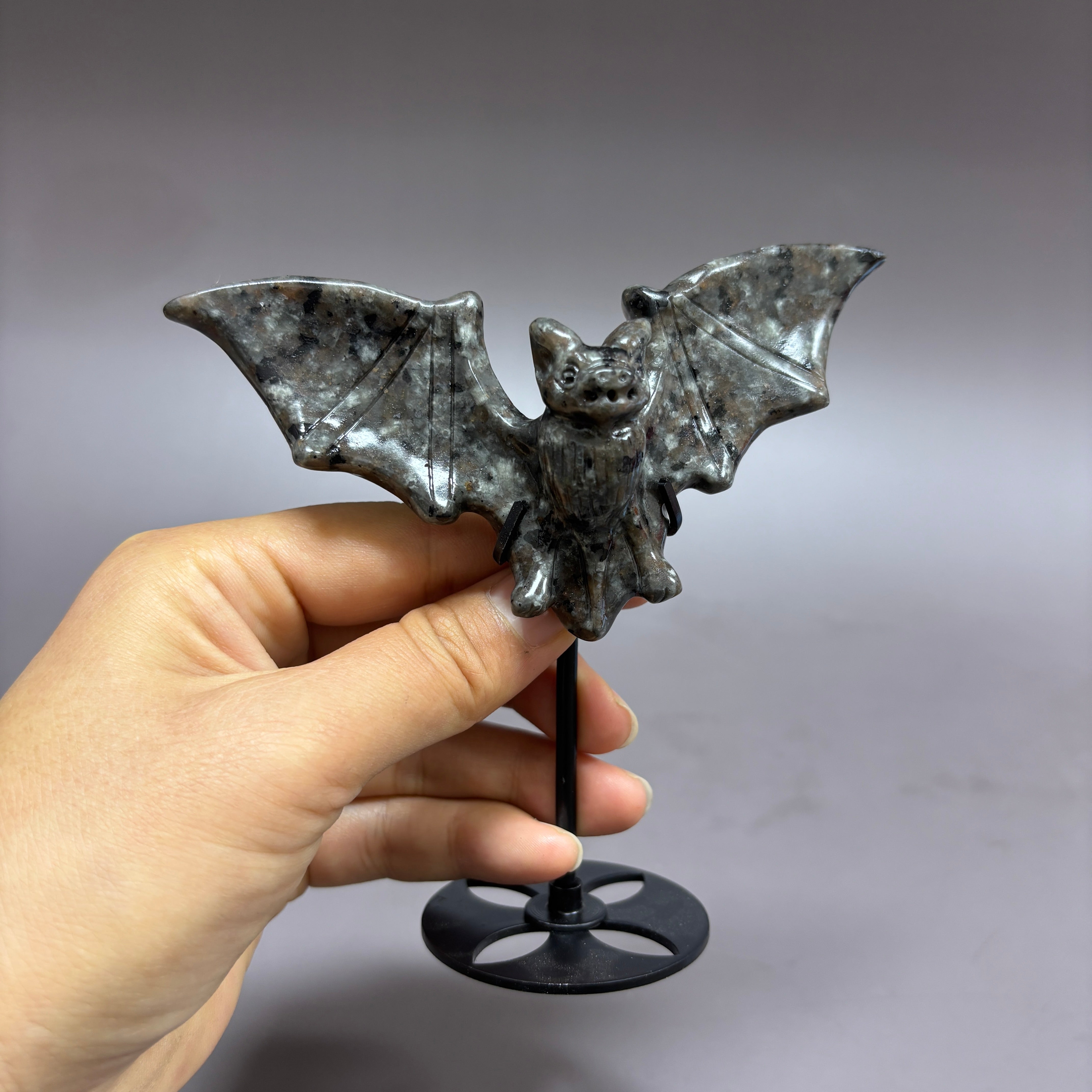 Natural Black Obsidian Bat on Stand