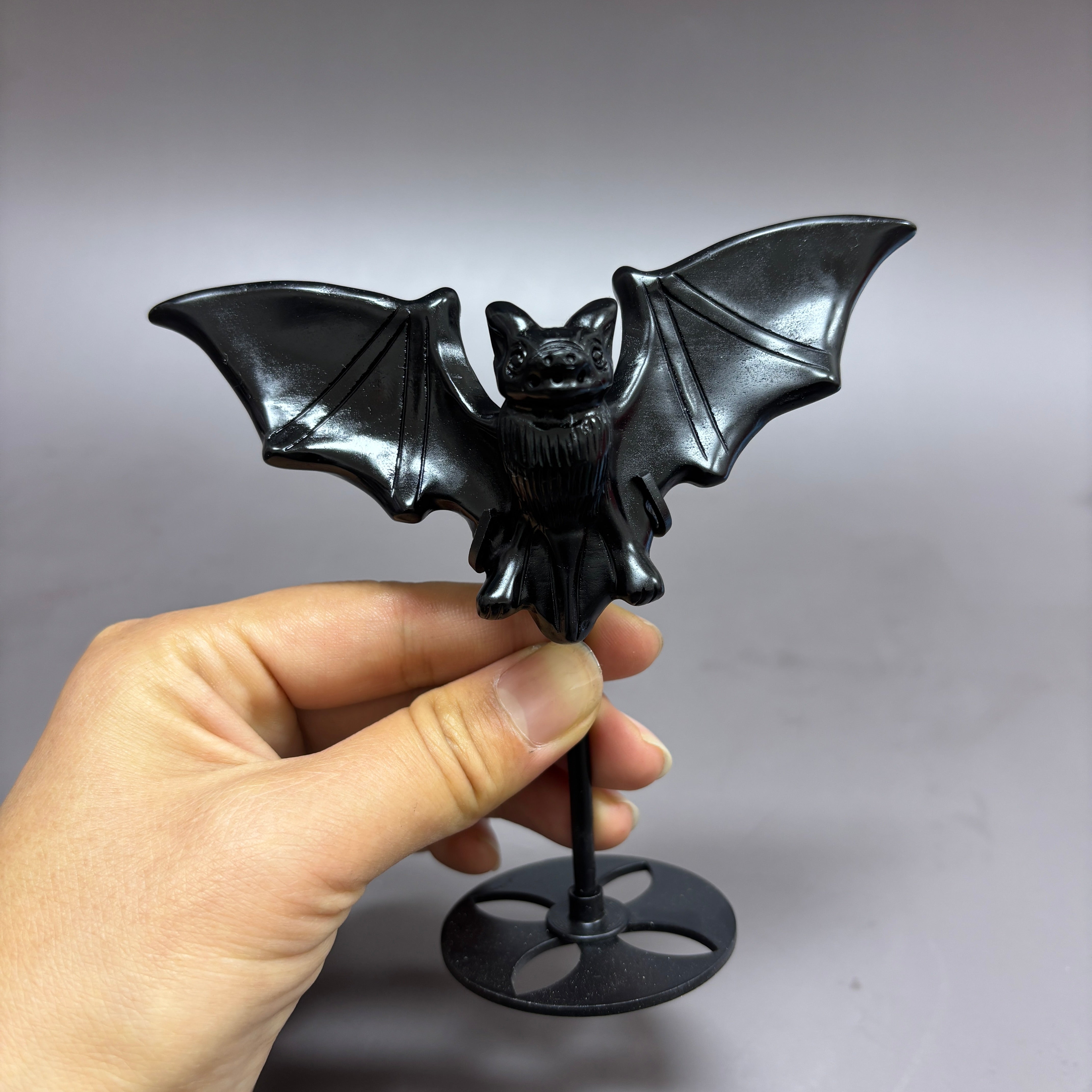Natural Black Obsidian Bat on Stand