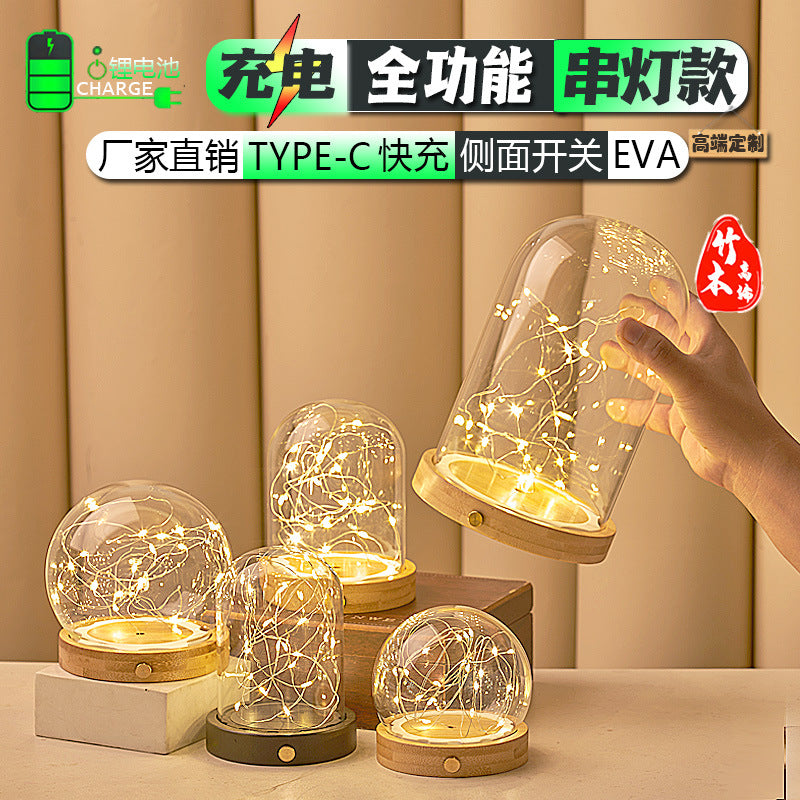 Chargeable side-switch night string lights with glass cover, EVA clips, bamboo base, DIY