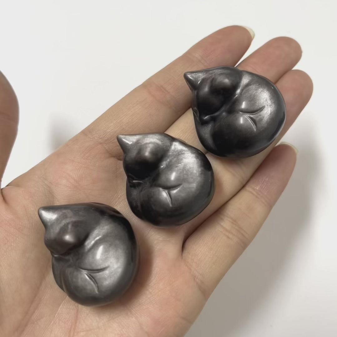 3.5CM Mini Silver Sheen Obsidian Sleeping Cat